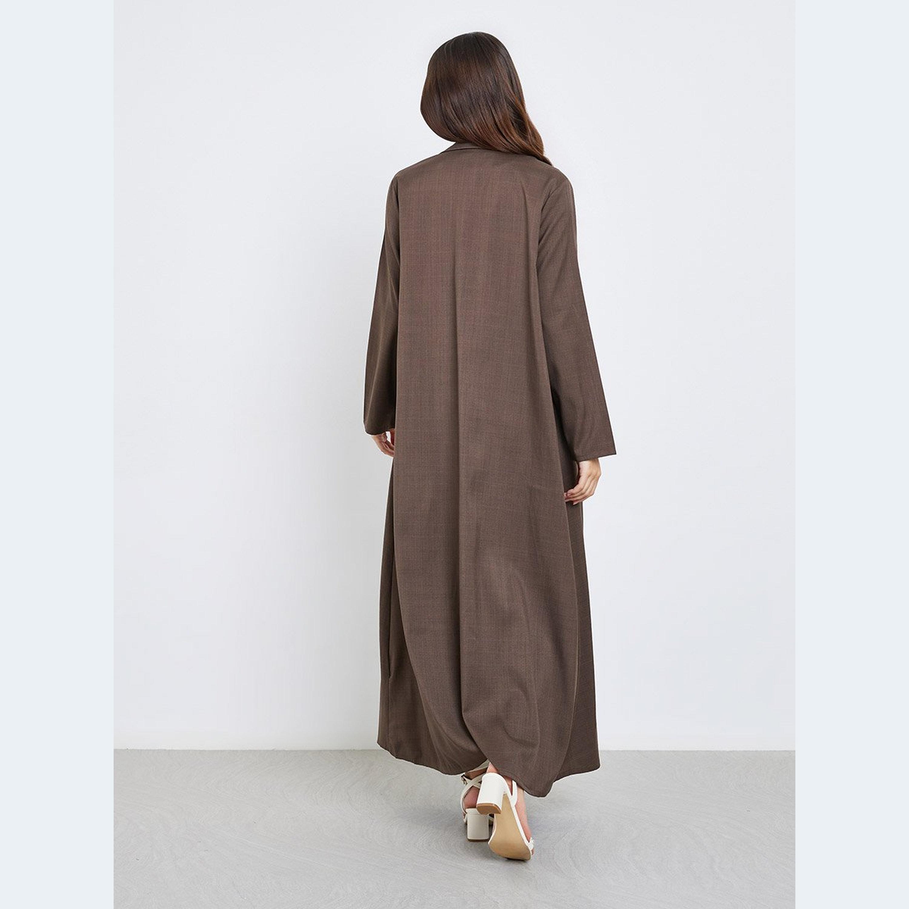 Styli Women Brown Linen Look Collared Abaya-women-arabicclothing-abayas-image-5