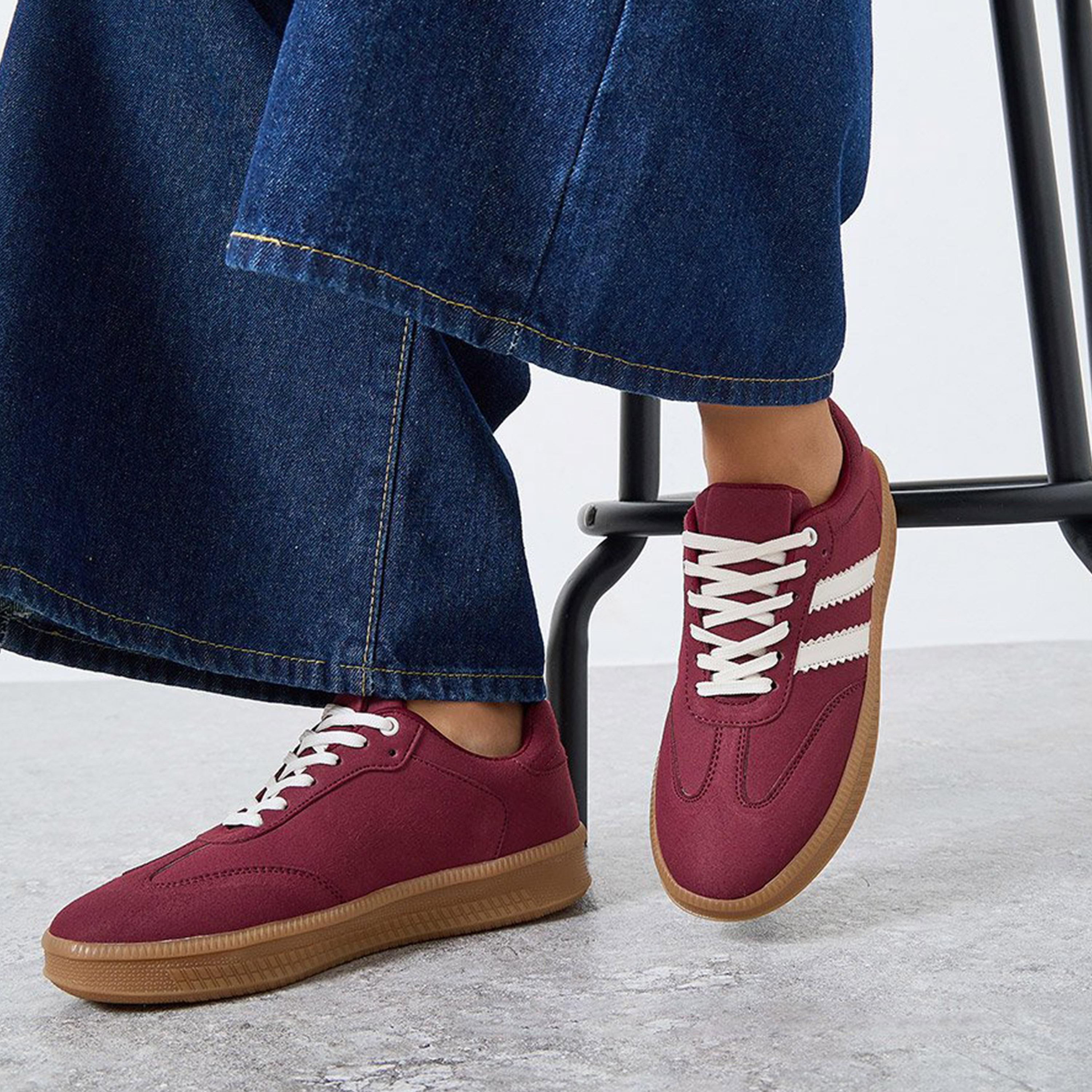 Styli Women Burgundy Striped Lace Up Sneakers-women-shoes-sneakers-image-2