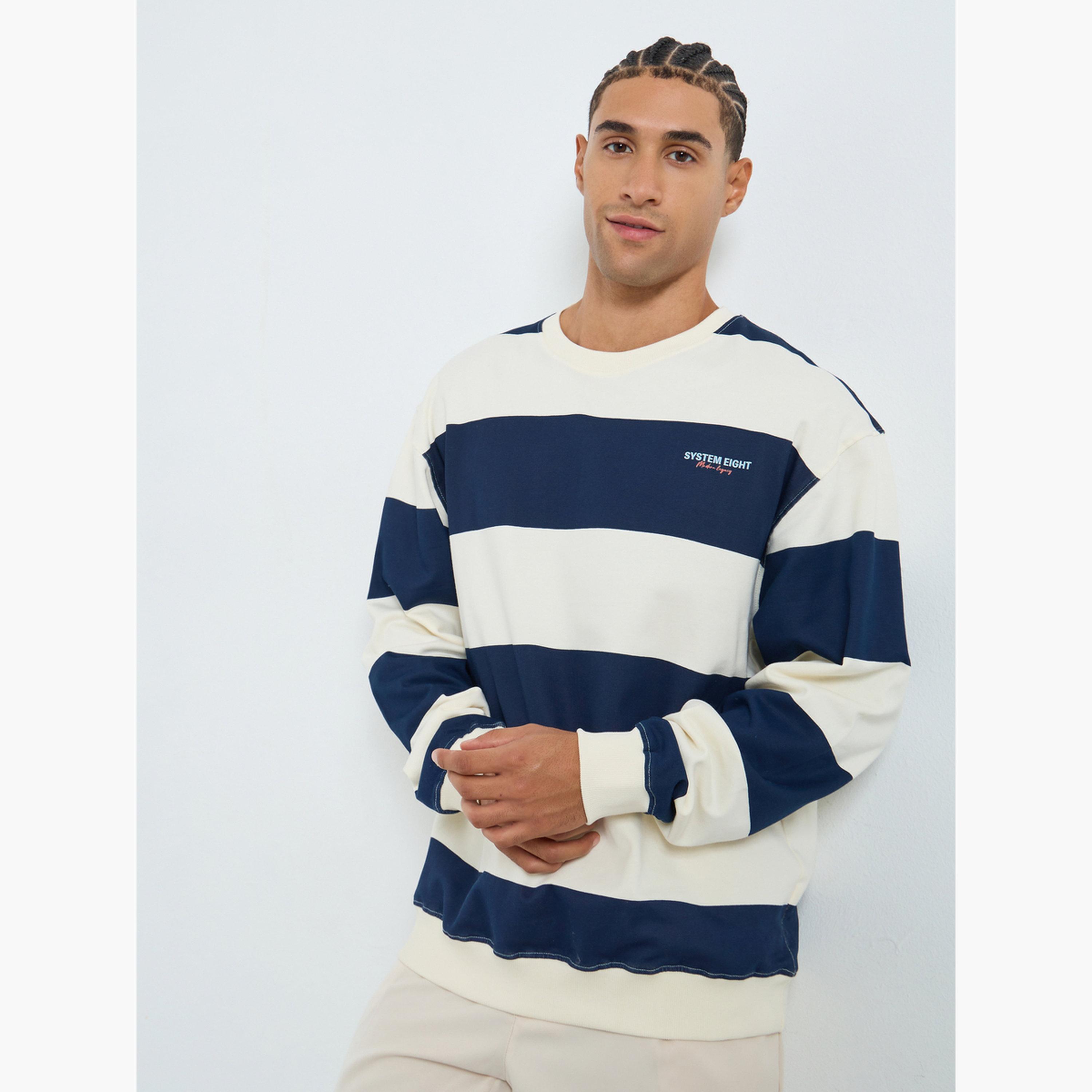 Styli Men Navy Blue Striped Fleece Sweatshirt-men-winterwear-hoodiesandsweatshirts-image-1