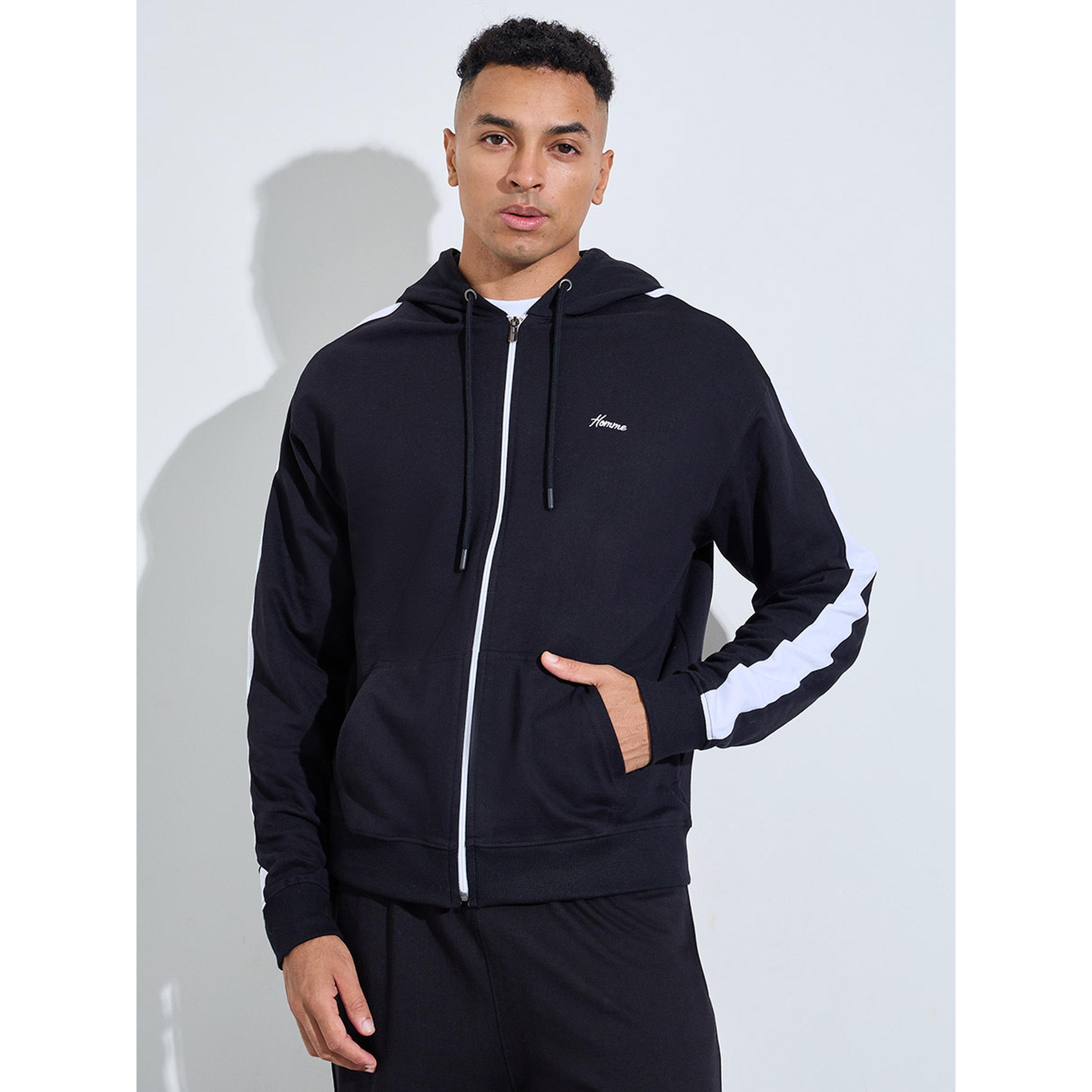 Styli Black Embroidered Zip-Up Hoodie-men-winterwear-hoodiesandsweatshirts-image-1