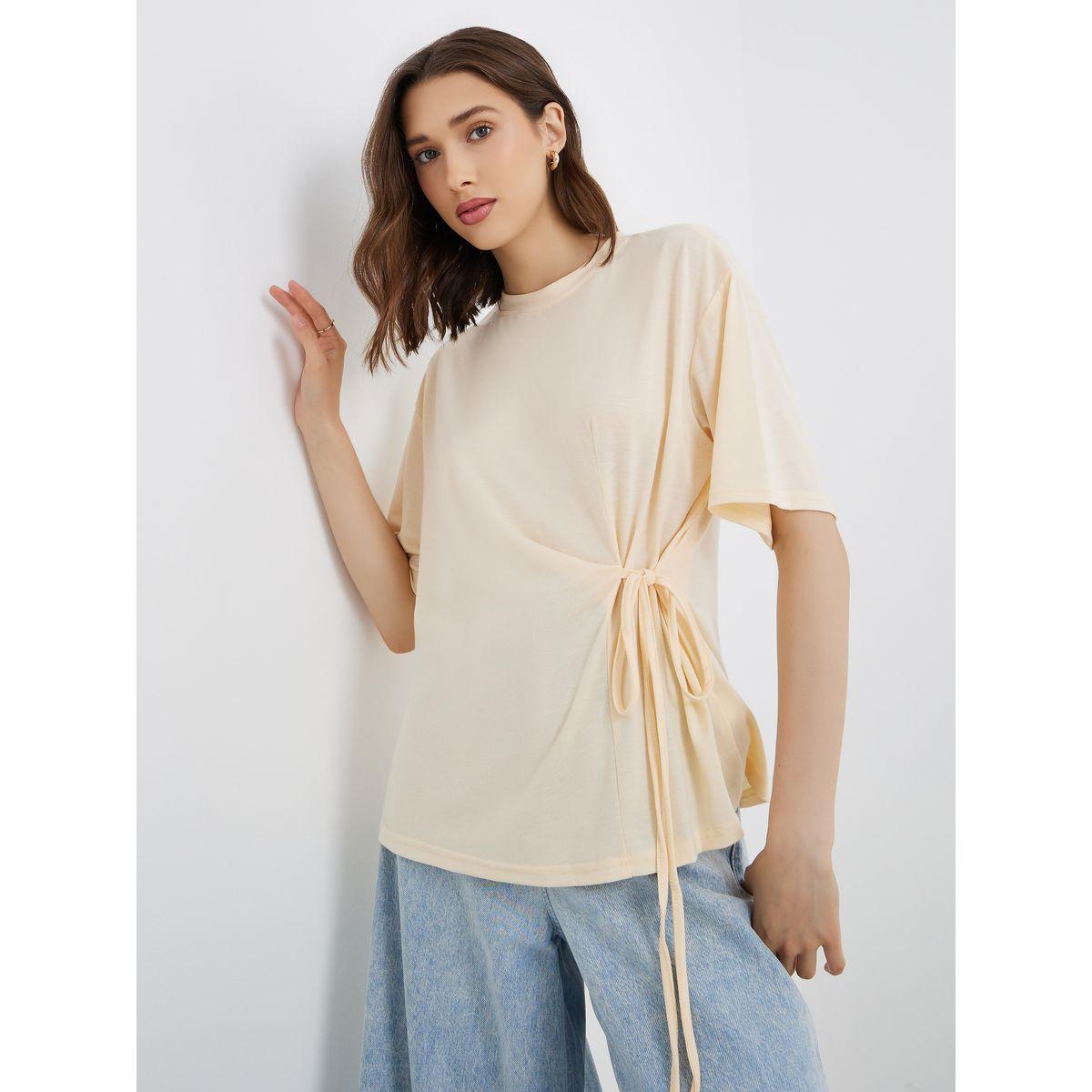 Styli Solid Round Neck Tie Up Detail Wrap Top-women-clothing-shirtsandblouses-blouses-image-1