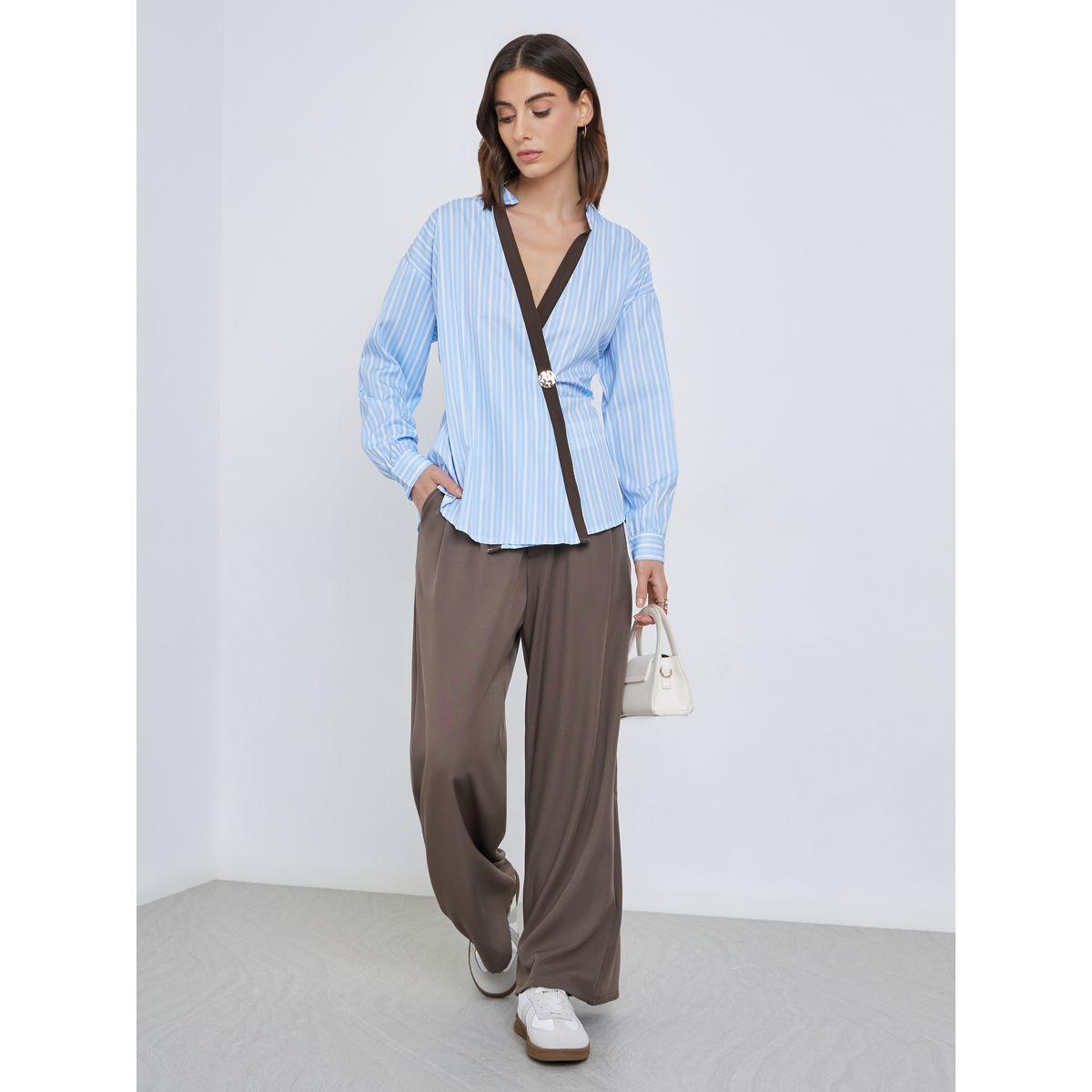 Styli Contrast Trim Striped Wrap Top-women-clothing-shirtsandblouses-blouses-image-1
