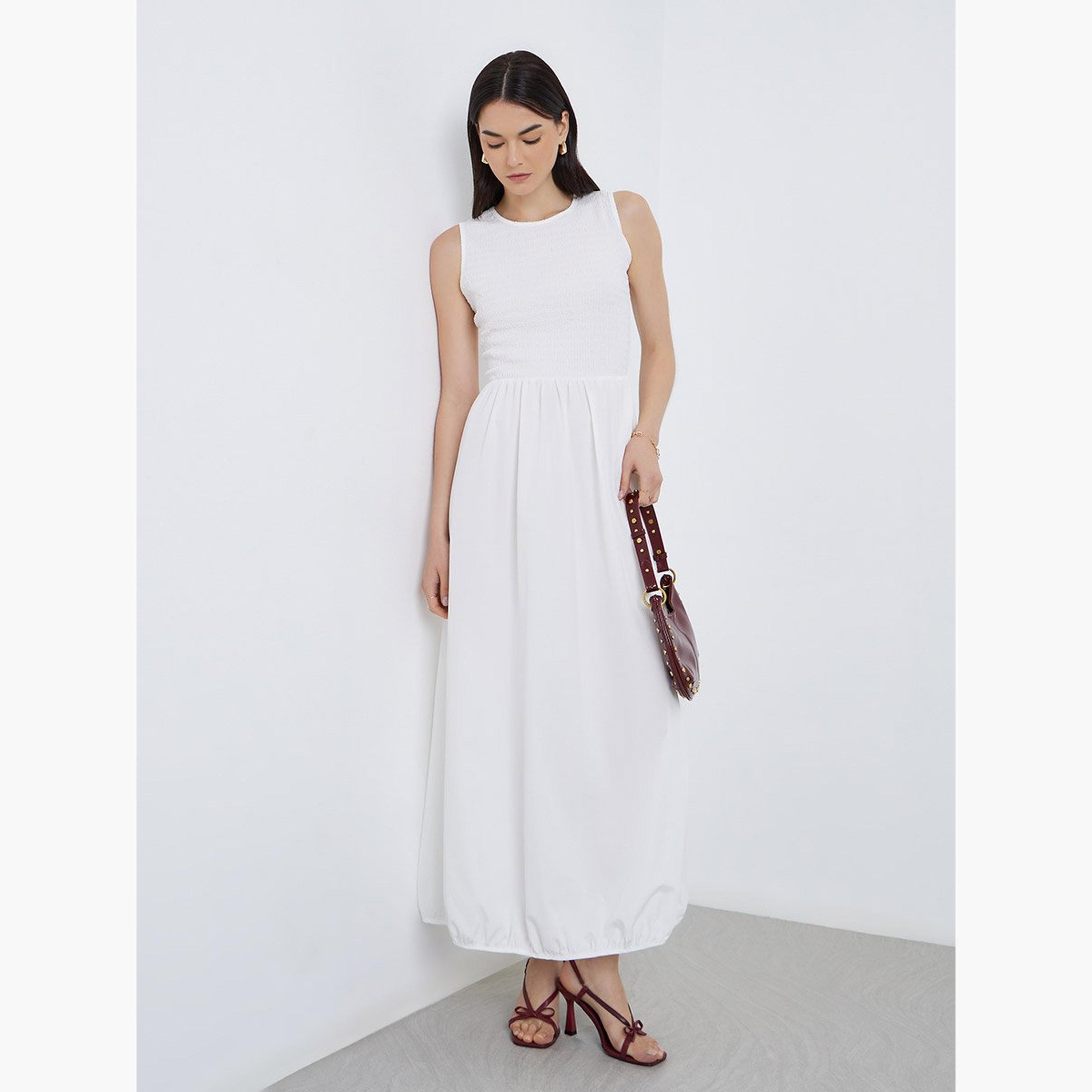 تيك تو - فستان ماكسي سادة بدون أكمام بتفاصيل مطوية-women-clothing-dresses-image-1