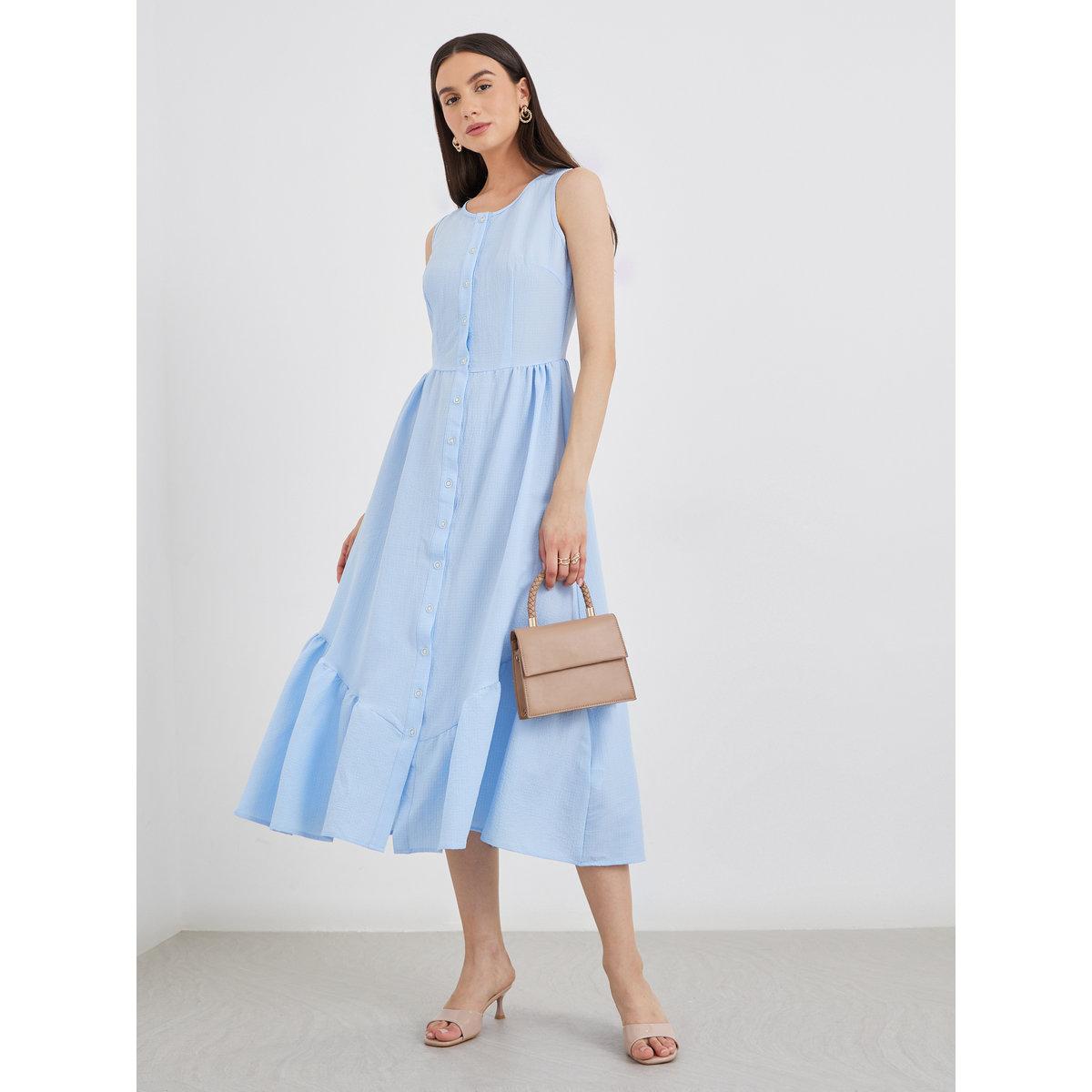 Styli Blue Solid Sleeveless Buttoned Ruffled Midi Dress-women-clothing-dresses-image-1