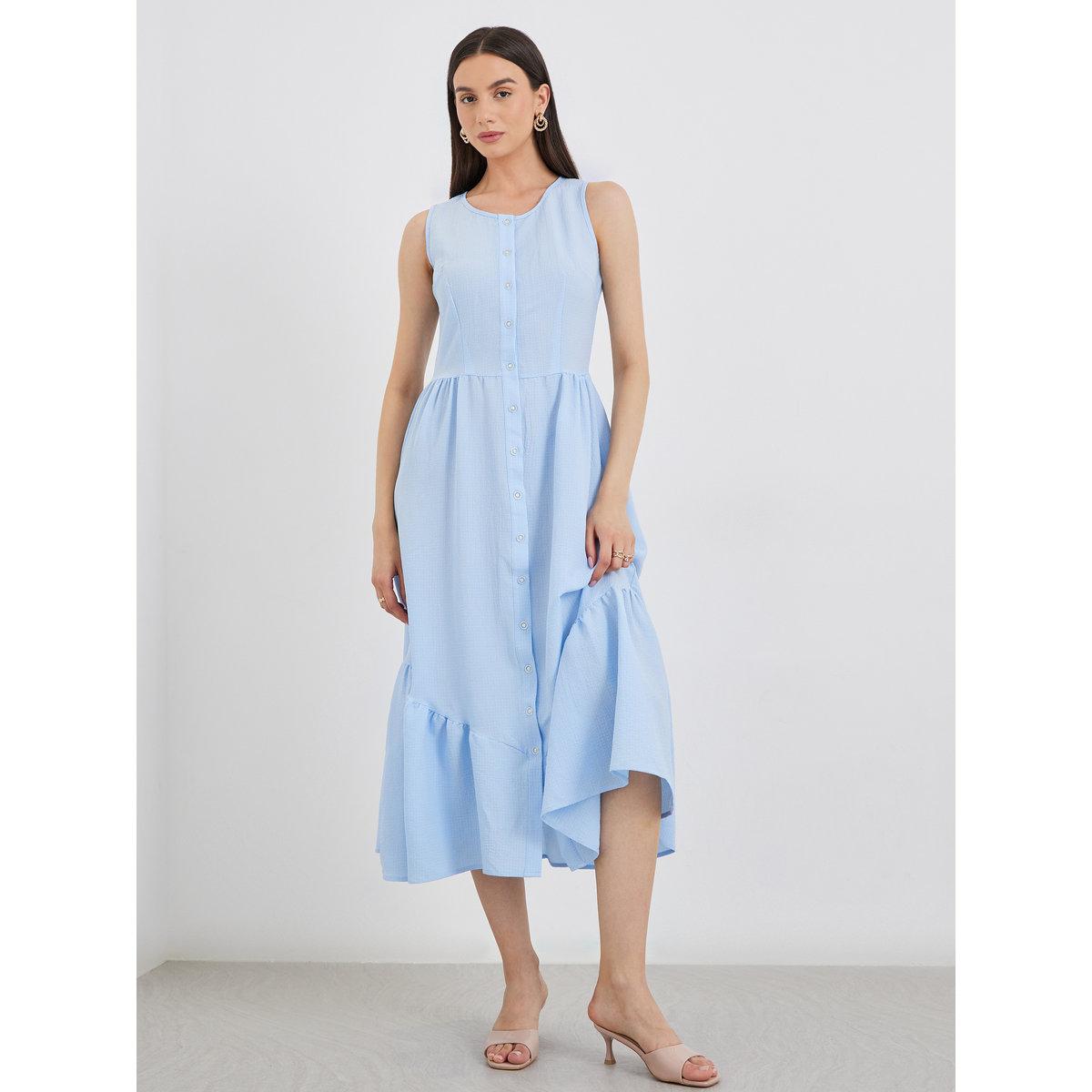 Styli Blue Solid Sleeveless Buttoned Ruffled Midi Dress-women-clothing-dresses-image-2