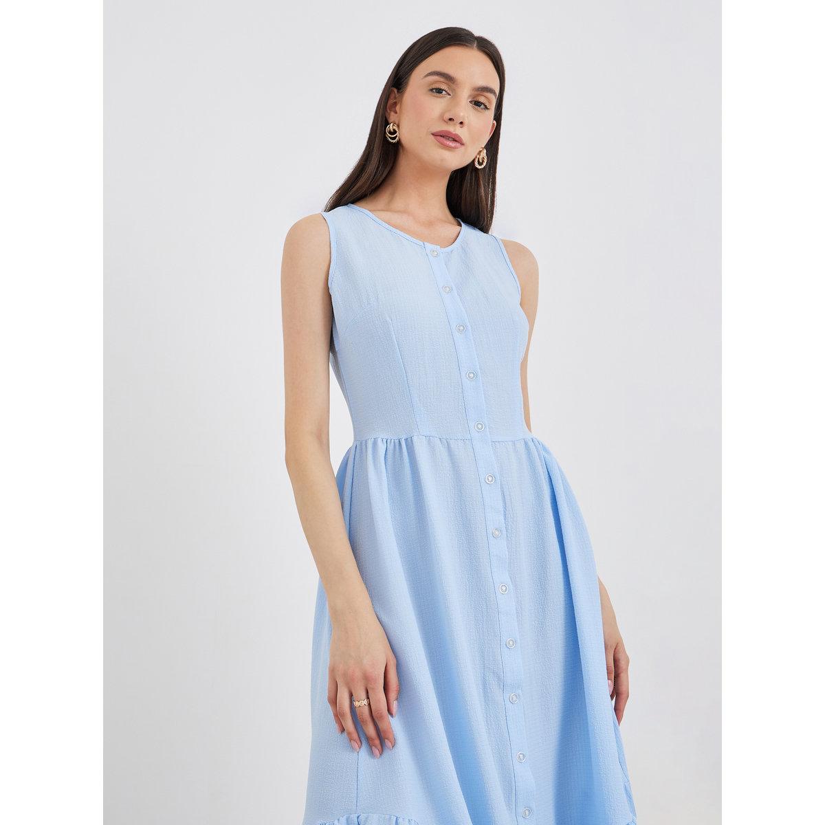 Styli Blue Solid Sleeveless Buttoned Ruffled Midi Dress-women-clothing-dresses-image-3