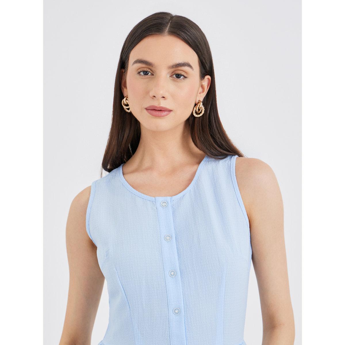 Styli Blue Solid Sleeveless Buttoned Ruffled Midi Dress-women-clothing-dresses-image-4