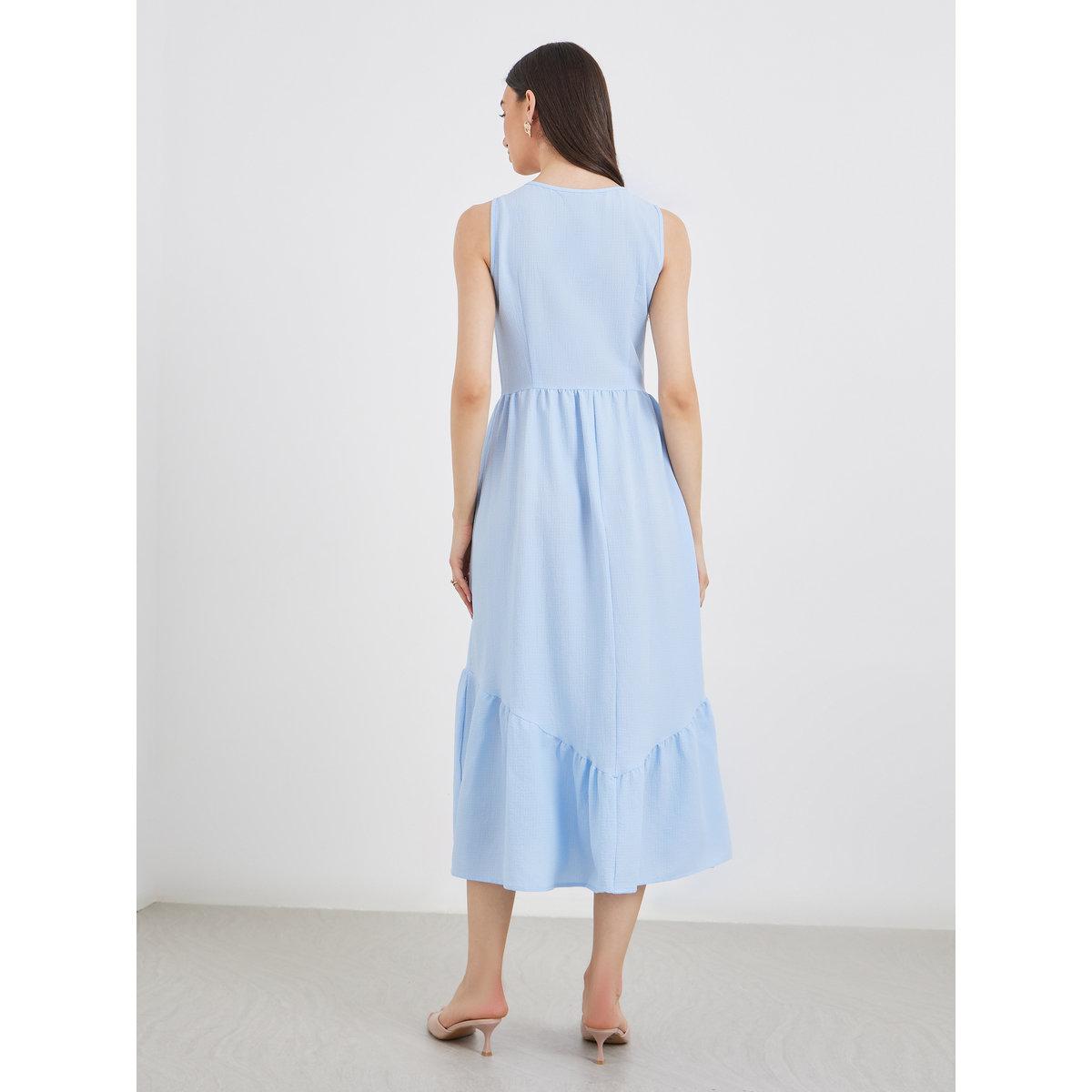 Styli Blue Solid Sleeveless Buttoned Ruffled Midi Dress-women-clothing-dresses-image-5