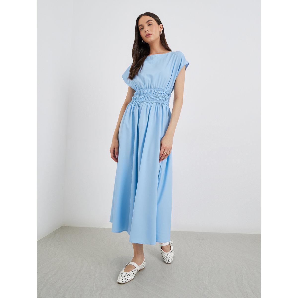 فستان ميدي سادة بتفاصيل مُجمعة على الخصر-women-clothing-dresses-image-2