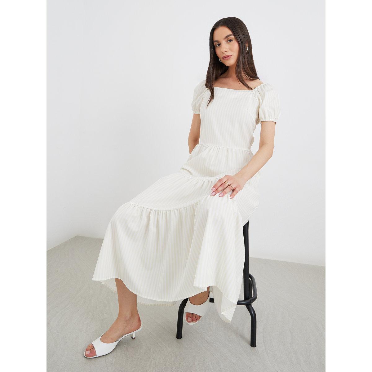 فستان ميدي مخطط بتفاصيل أكمام منفوخة-women-clothing-dresses-image-1