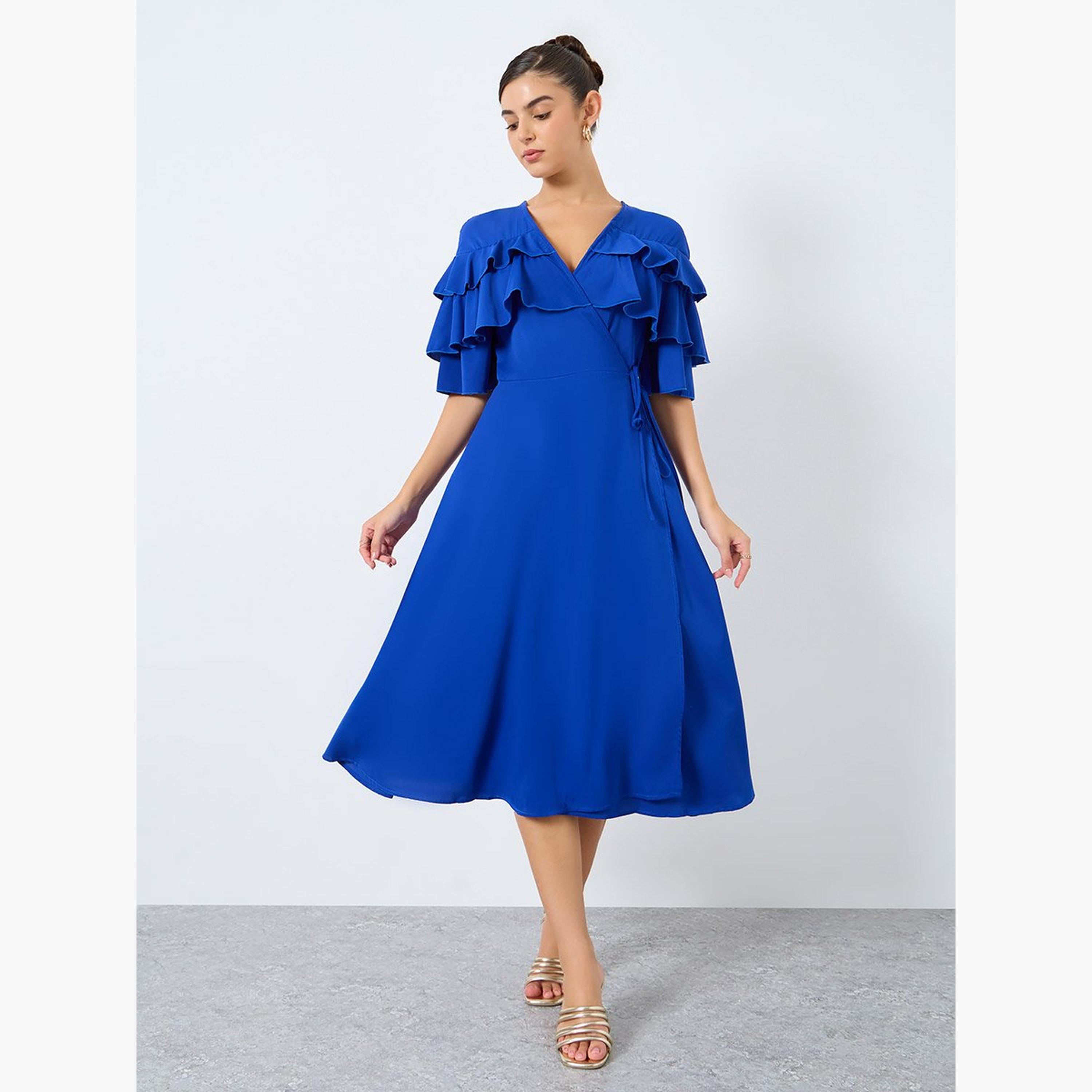 ستايلي - فستان ميدي ملفوف بتفاصيل كشكشة-women-clothing-dresses-image-1