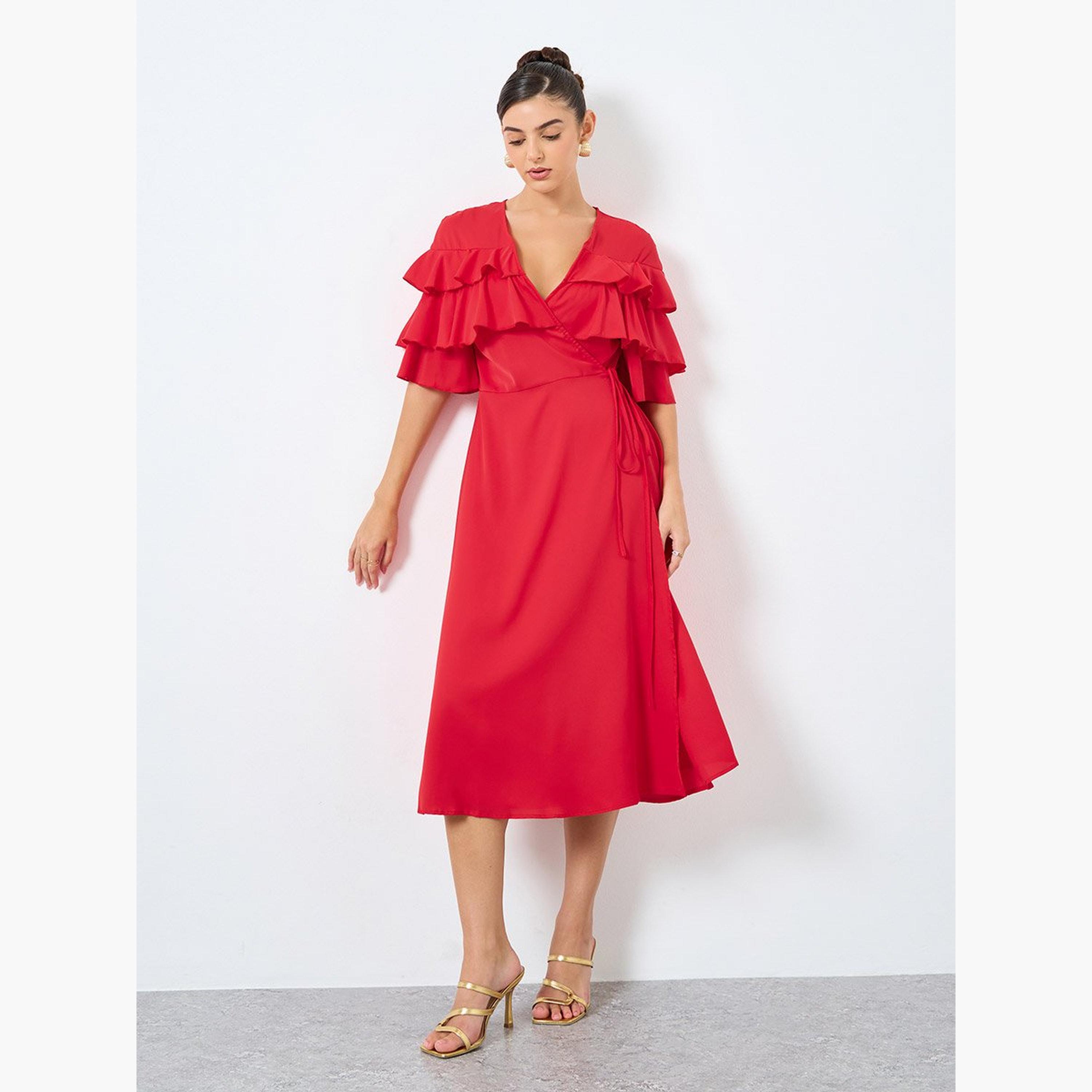 Styli Solid Ruffled Detail Wrap Midi Dress-women-clothing-dresses-image-1