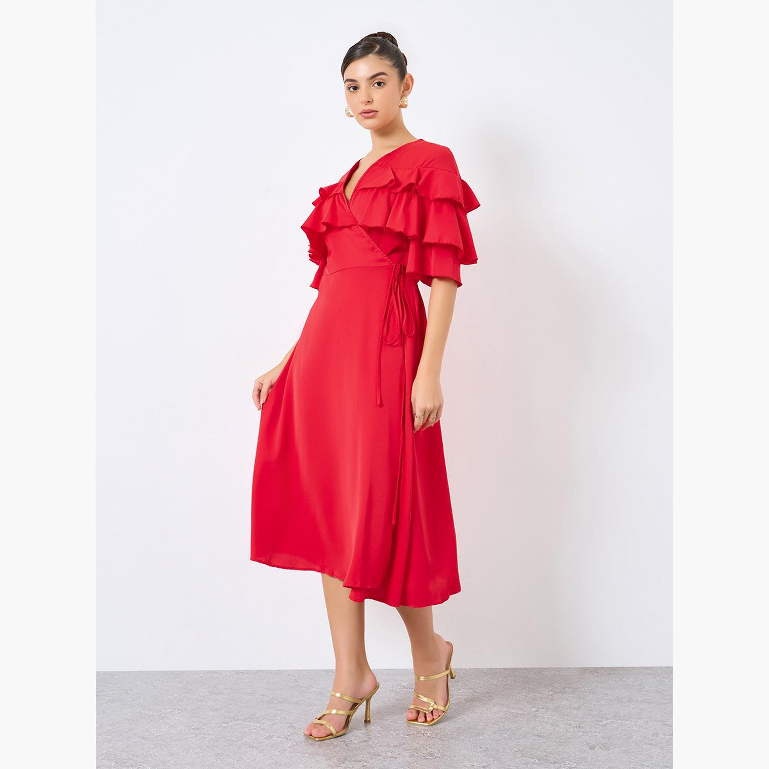 ستايلي - فستان ميدي ملفوف بتفاصيل كشكشة-women-clothing-dresses-image-2