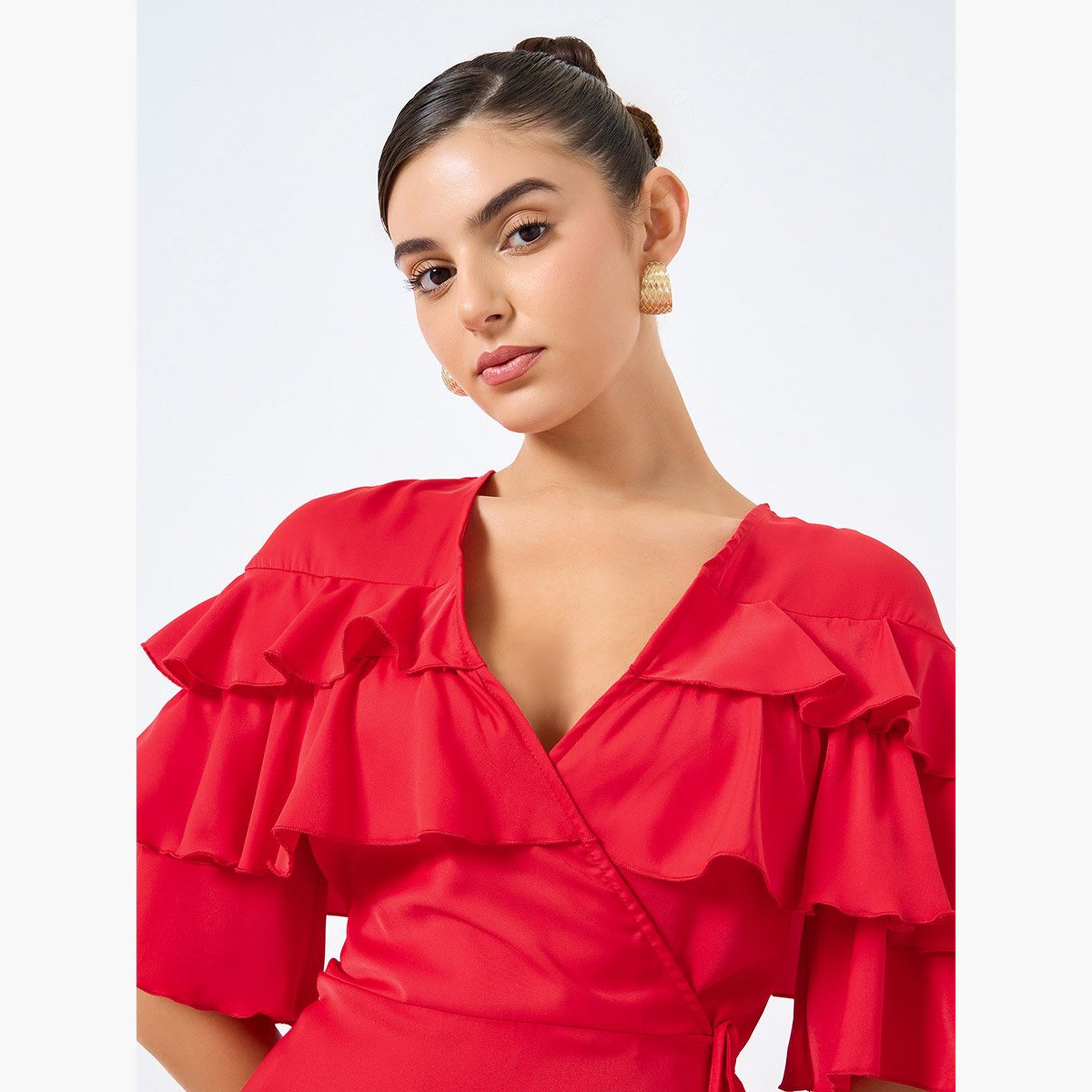 ستايلي - فستان ميدي ملفوف بتفاصيل كشكشة-women-clothing-dresses-image-4