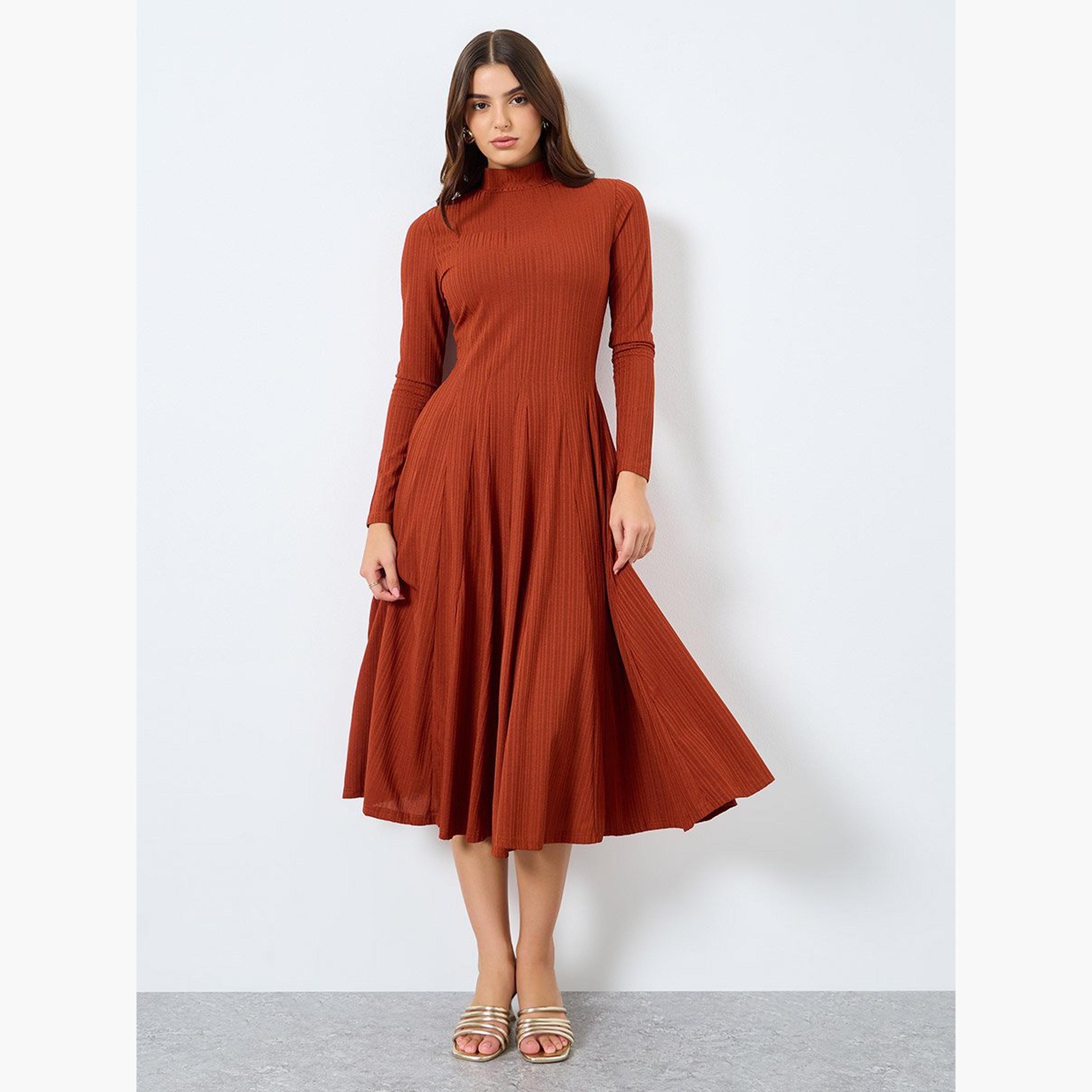 Styli Textured Long Sleeves A-Line Midi Dress-women-clothing-dresses-image-1
