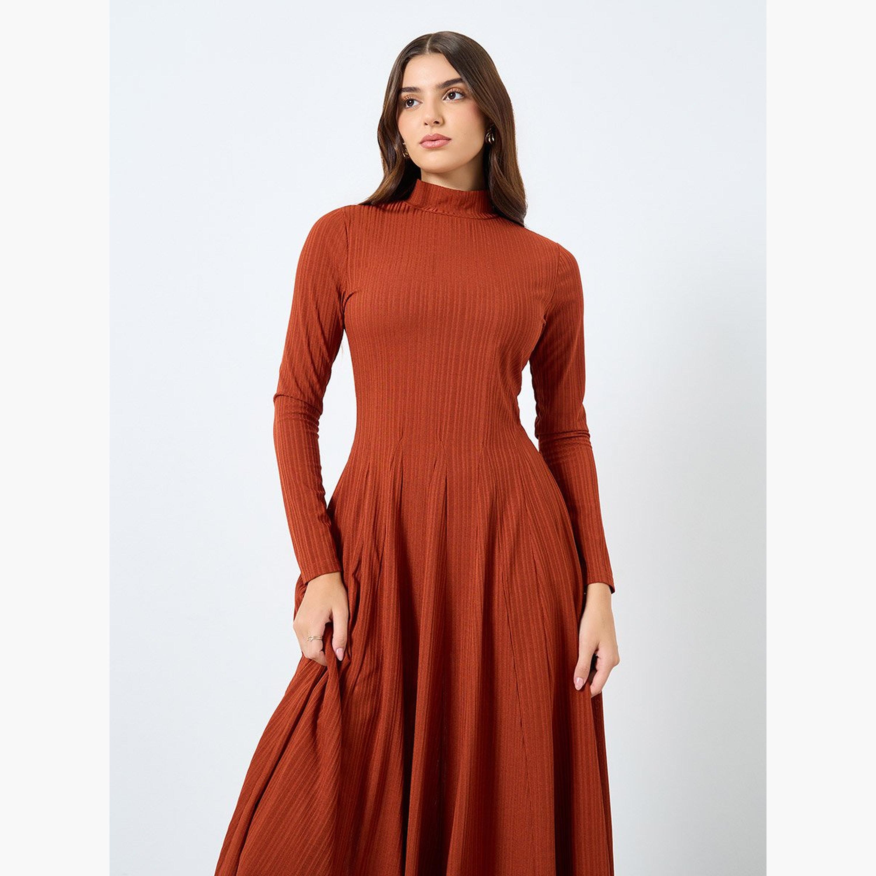 Styli Textured Long Sleeves A-Line Midi Dress-women-clothing-dresses-image-2