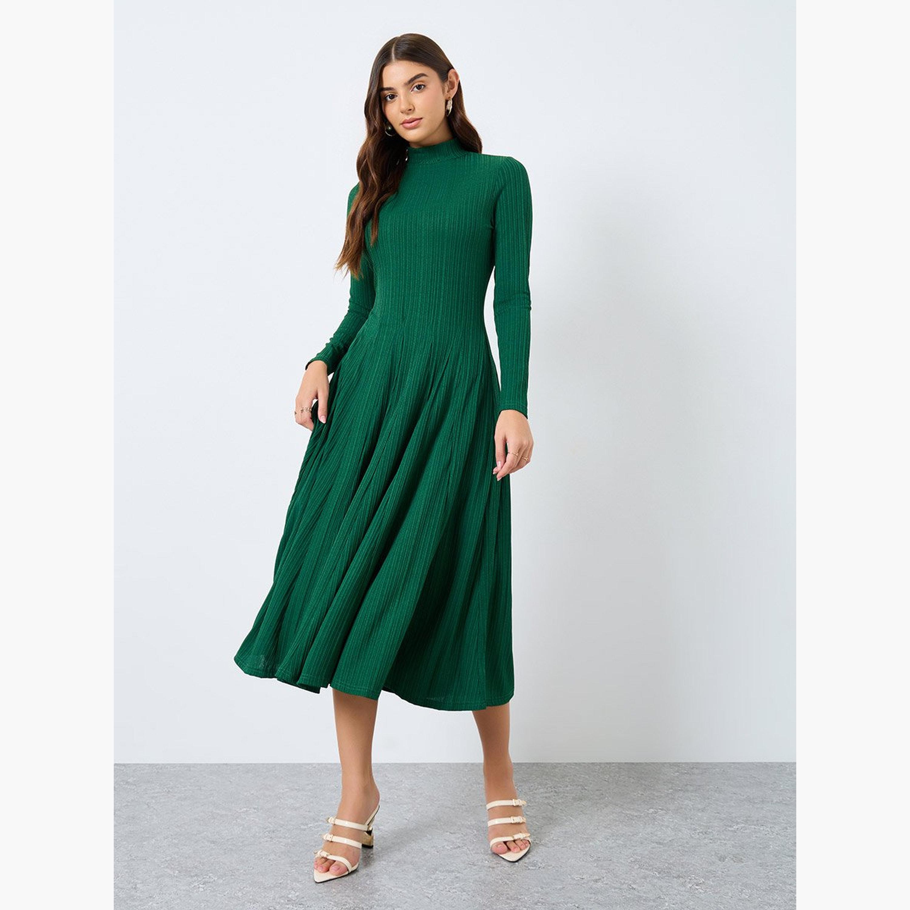 Styli Textured Long Sleeves A-Line Midi Dress-women-clothing-dresses-image-1