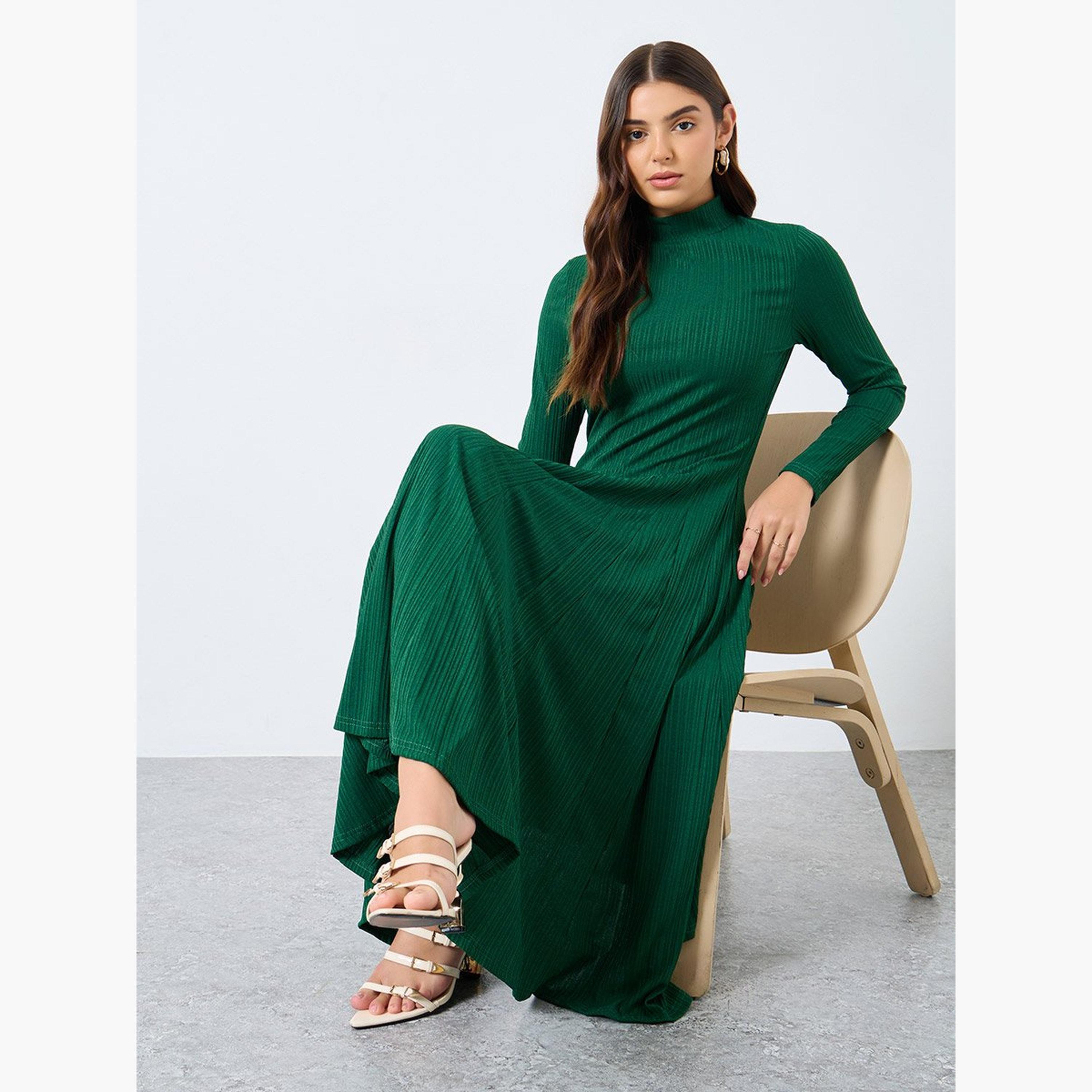 Styli Textured Long Sleeves A-Line Midi Dress-women-clothing-dresses-image-2
