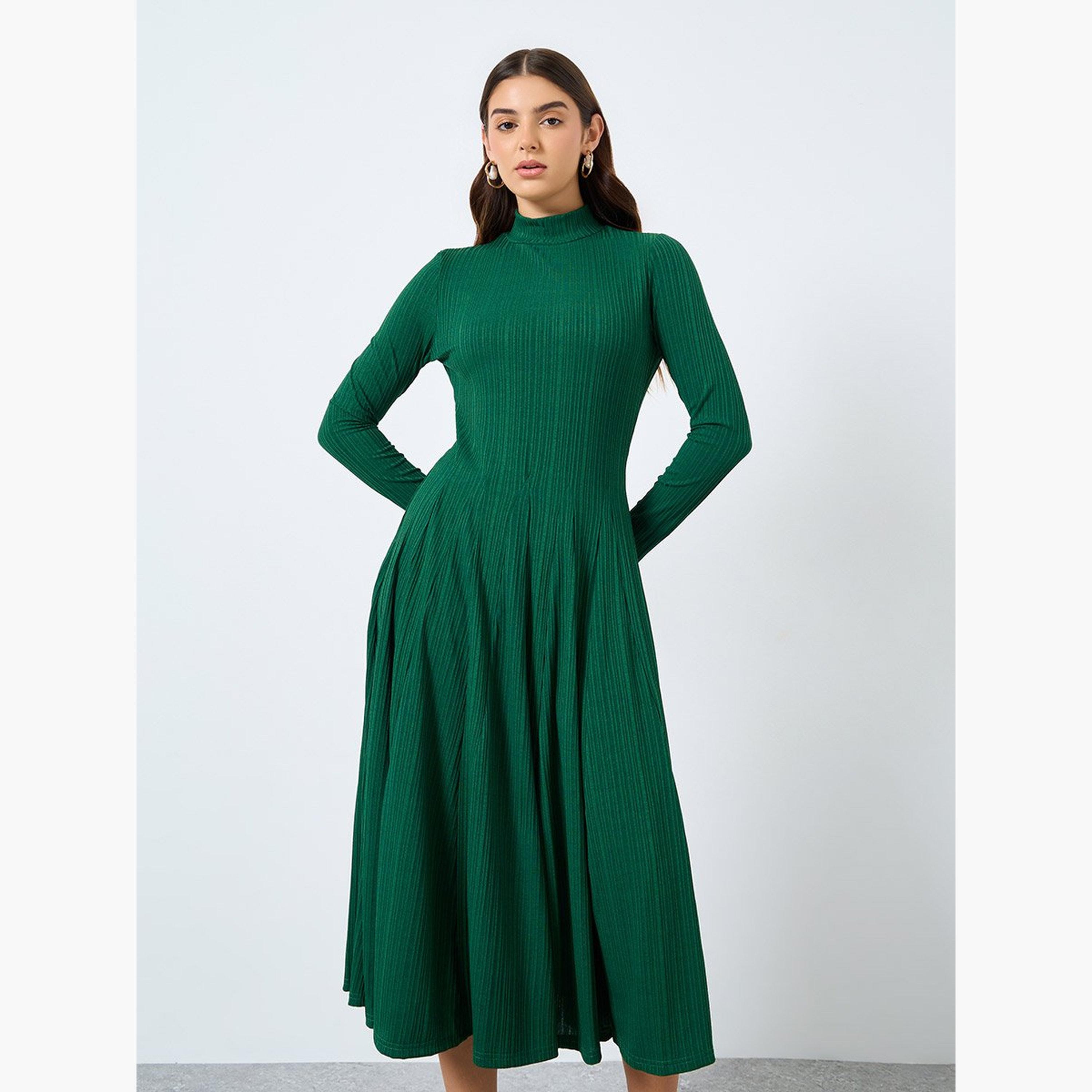 Styli Textured Long Sleeves A-Line Midi Dress-women-clothing-dresses-image-3