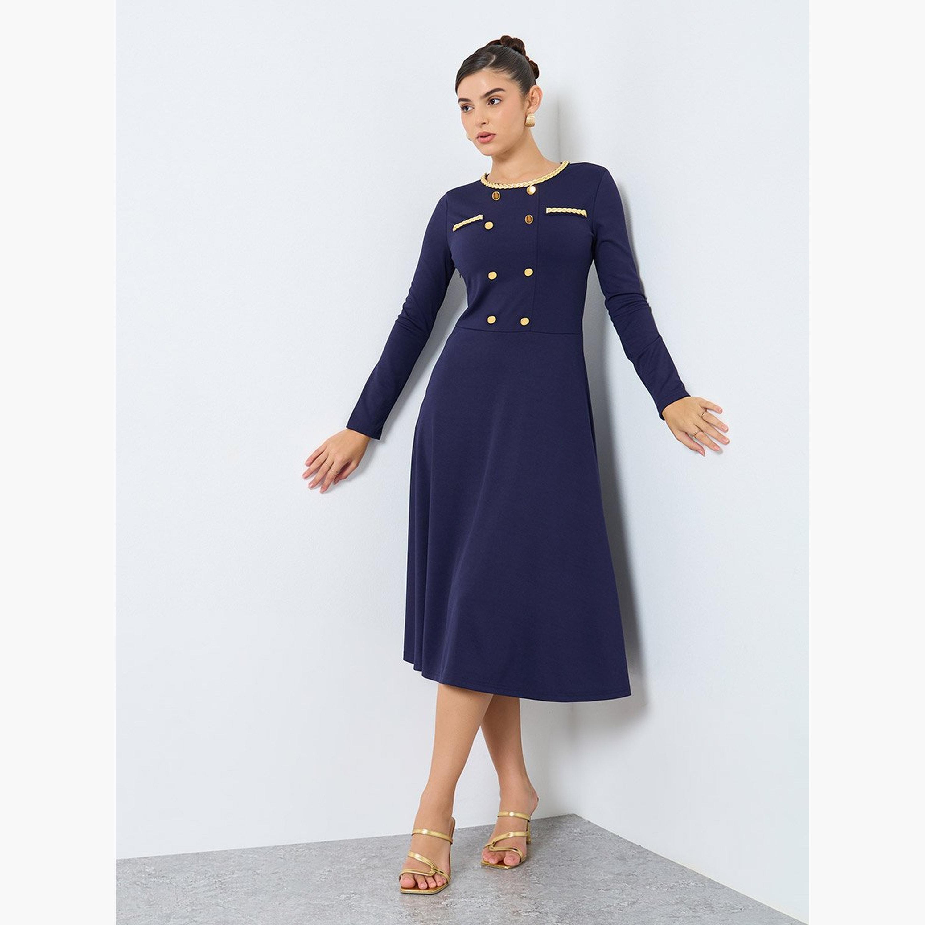 ستايلي - فستان ميدي أزرق داكن مع تفاصيل أزرار-women-clothing-dresses-image-1