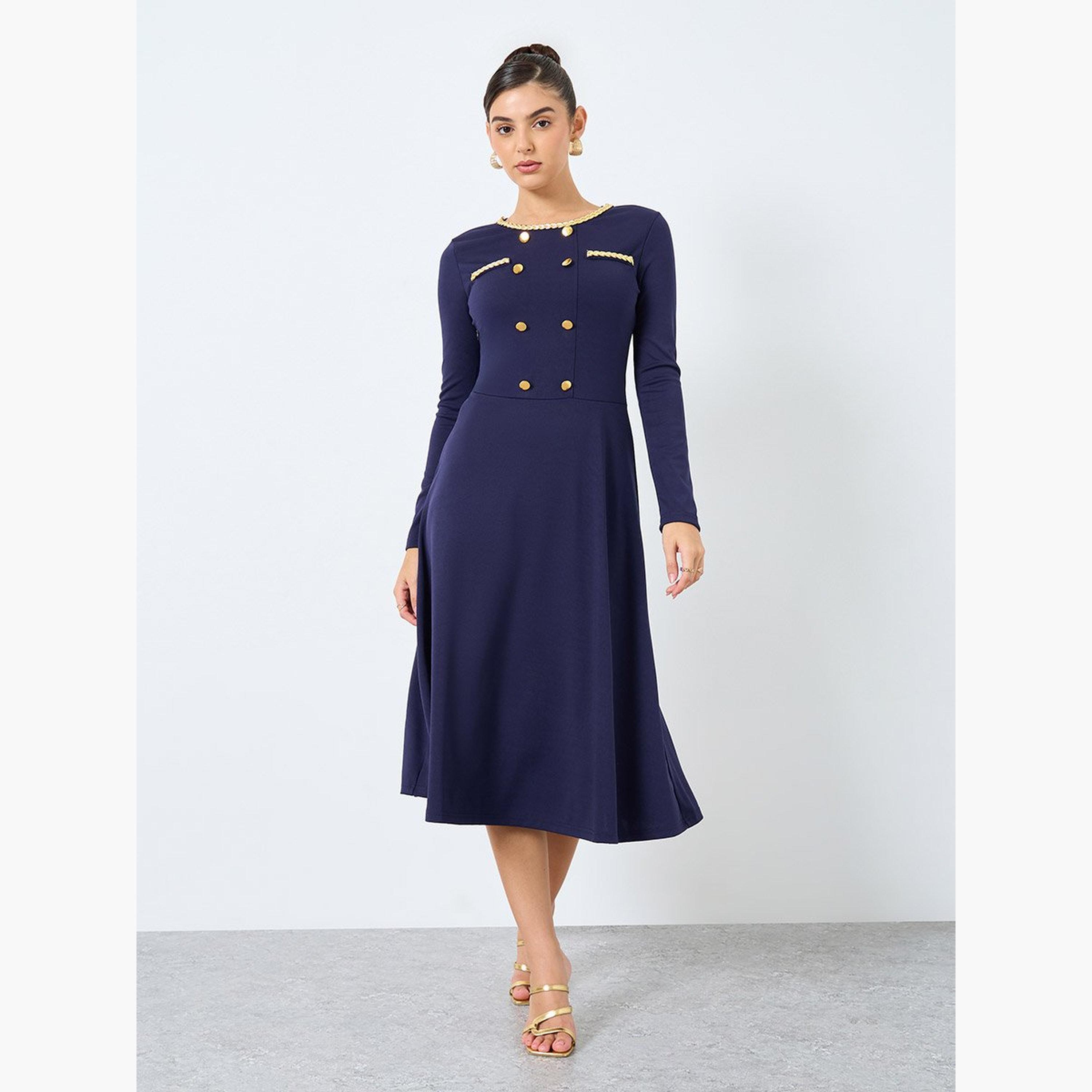 ستايلي - فستان ميدي أزرق داكن مع تفاصيل أزرار-women-clothing-dresses-image-2