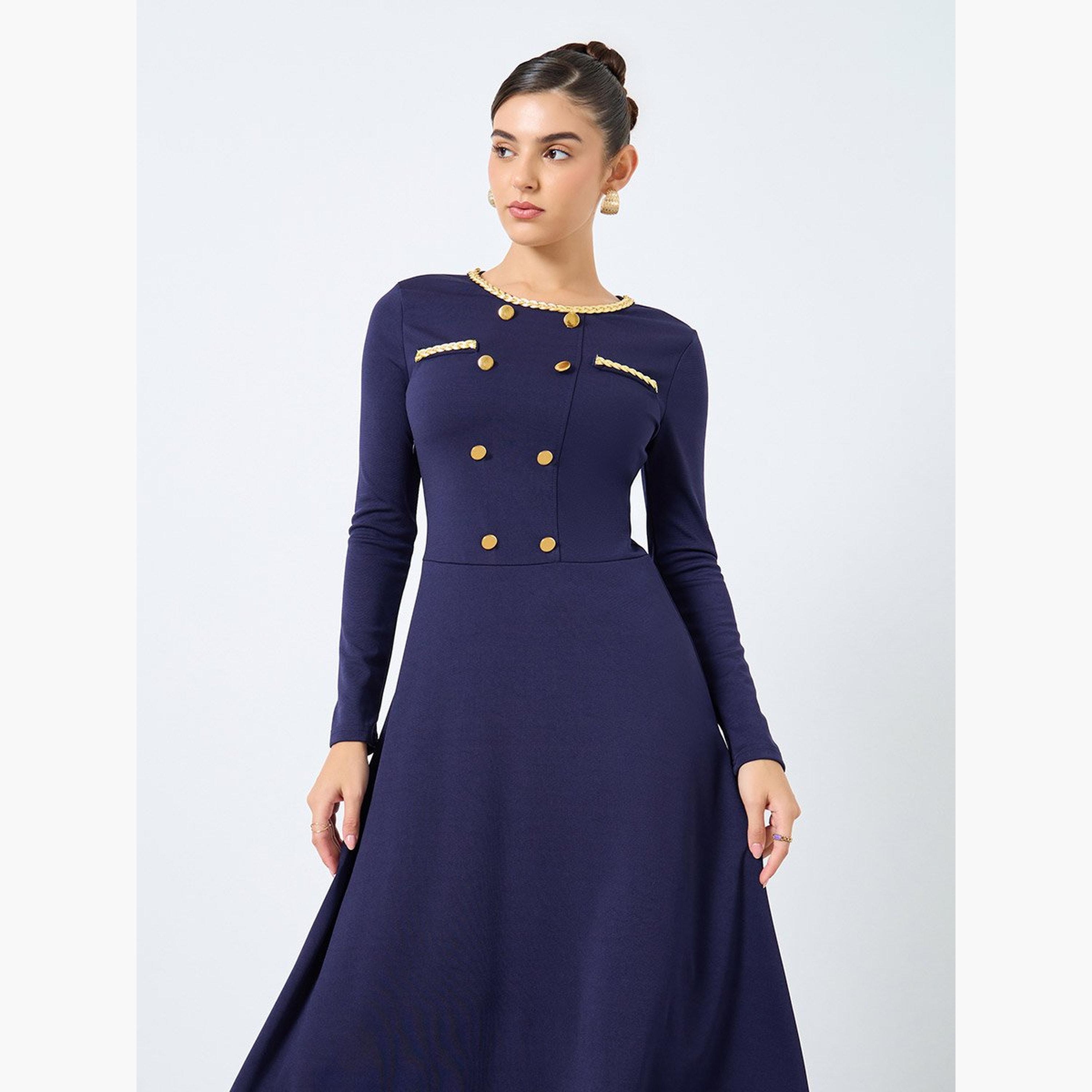 ستايلي - فستان ميدي أزرق داكن مع تفاصيل أزرار-women-clothing-dresses-image-3