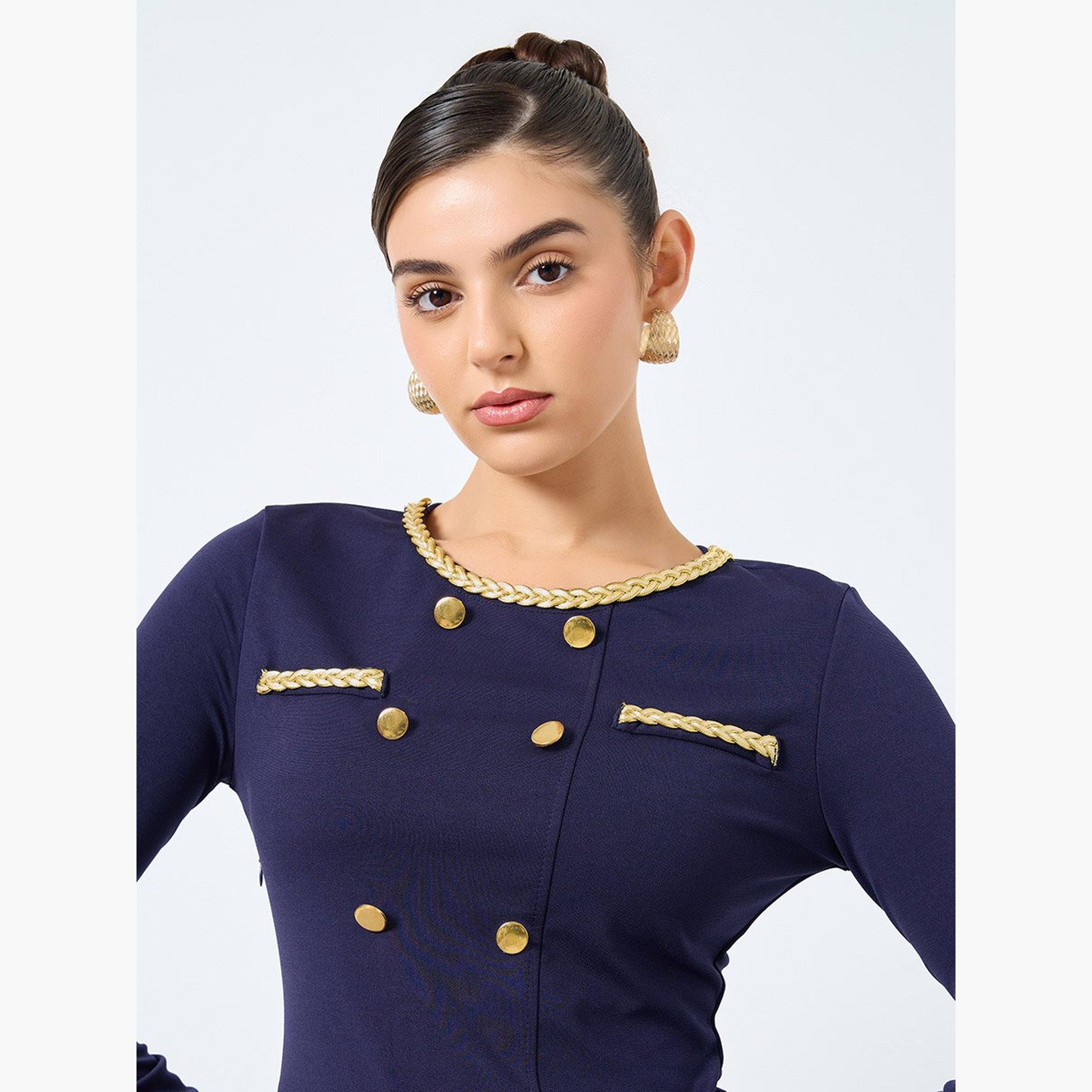 ستايلي - فستان ميدي أزرق داكن مع تفاصيل أزرار-women-clothing-dresses-image-4