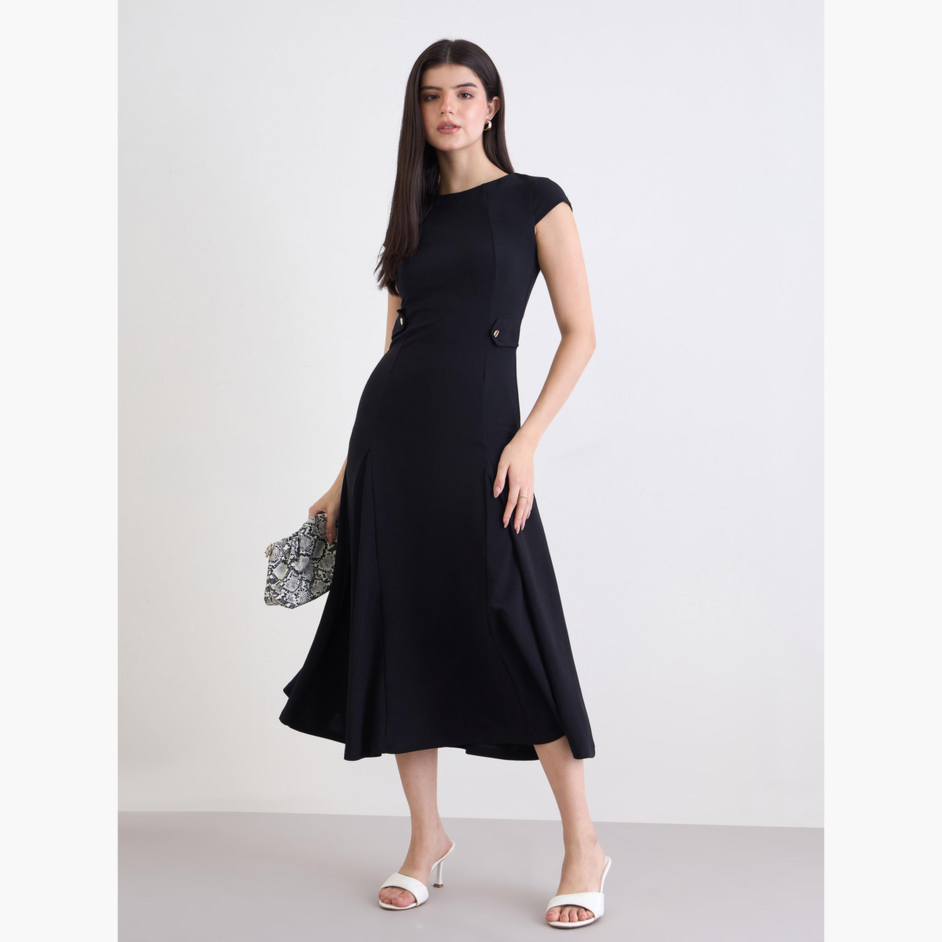 Styli Women Black Plain Short Sleeves A-Line Midi Dress-women-clothing-dresses-image-1