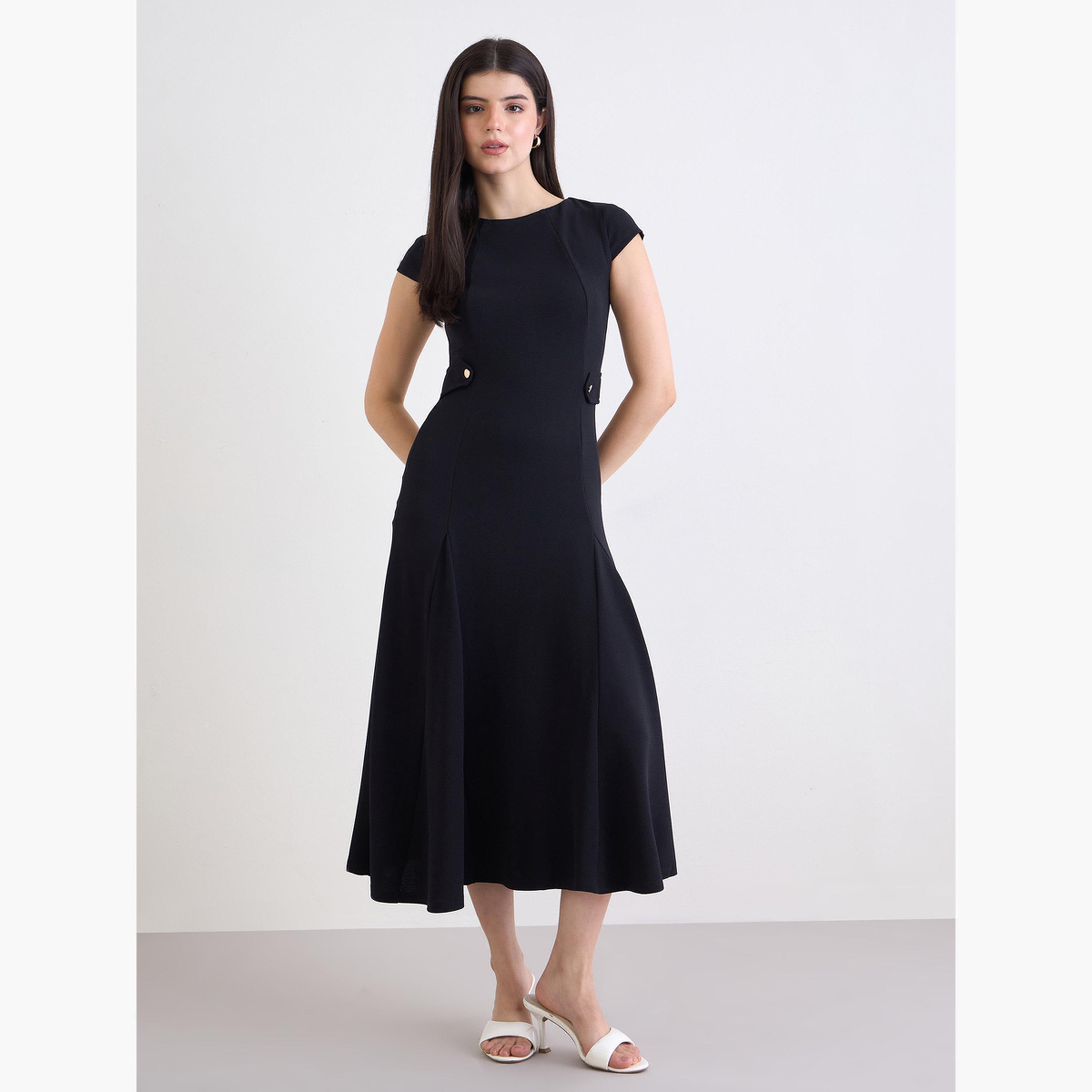 Styli Women Black Plain Short Sleeves A-Line Midi Dress-women-clothing-dresses-image-3