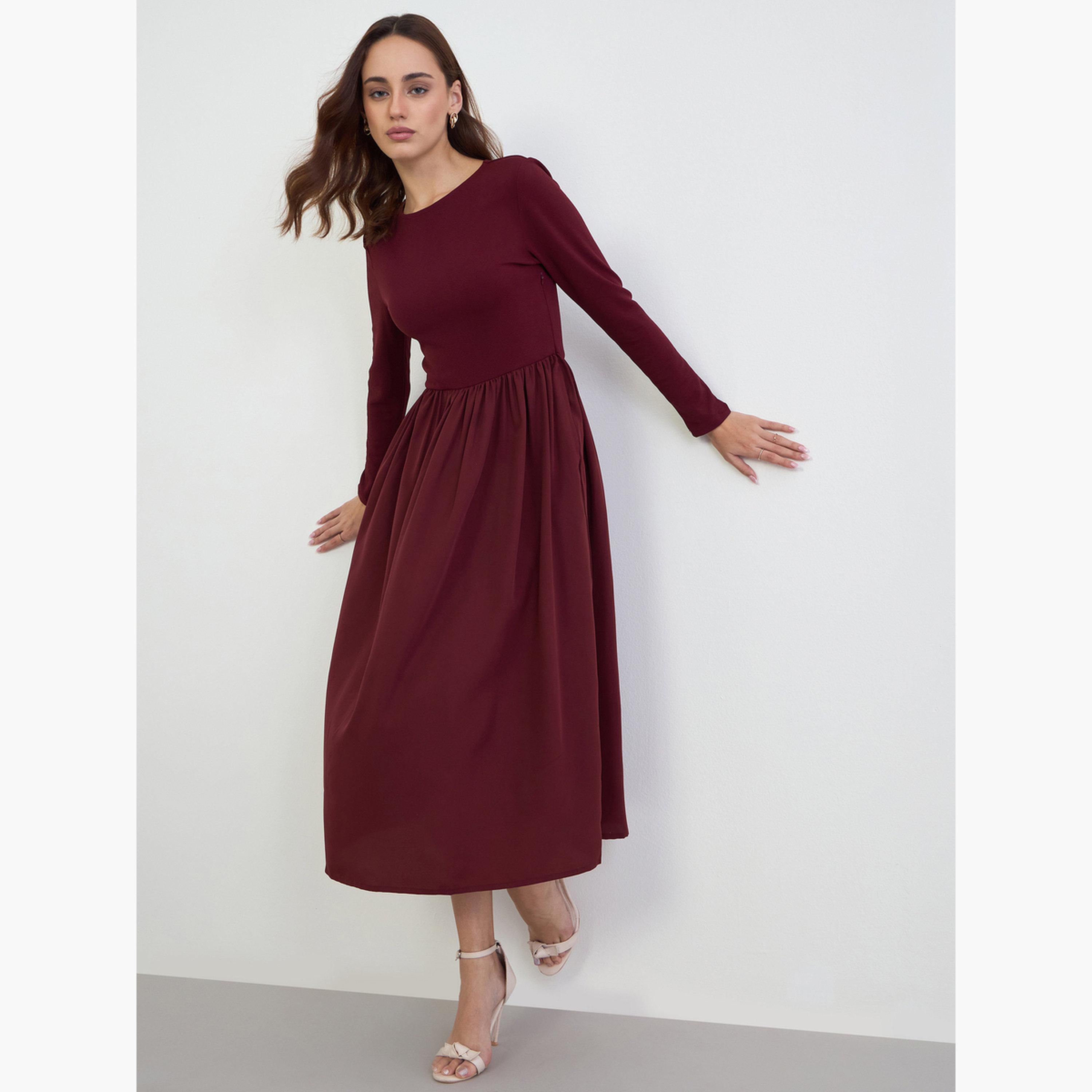 ستايلي - فستان ماكسي سادة بأكمام طويلة وتصميم A للنساء-women-clothing-dresses-image-1