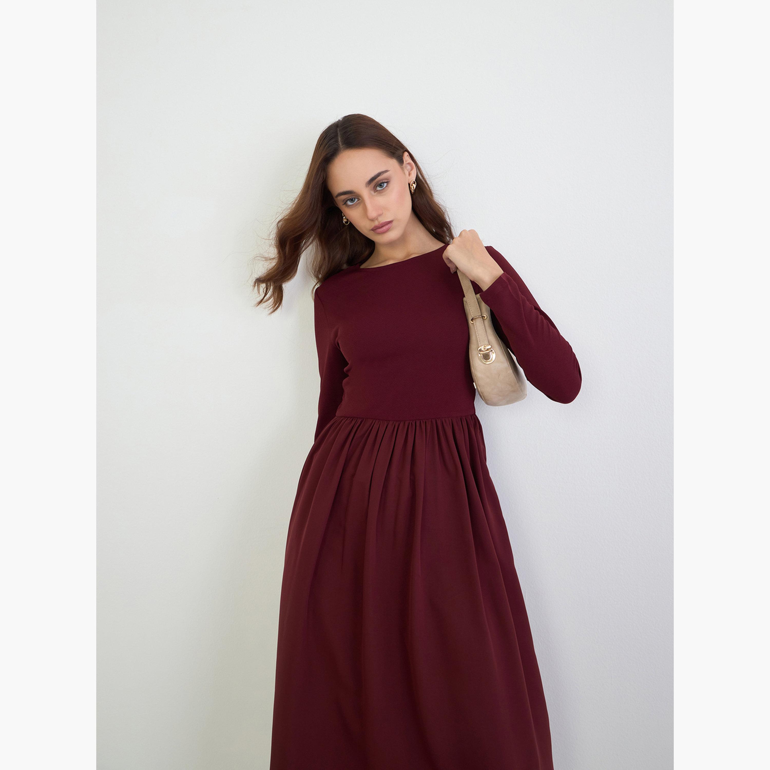 Styli Women Solid Long Sleeves A-Line Maxi Dress-women-clothing-dresses-image-2
