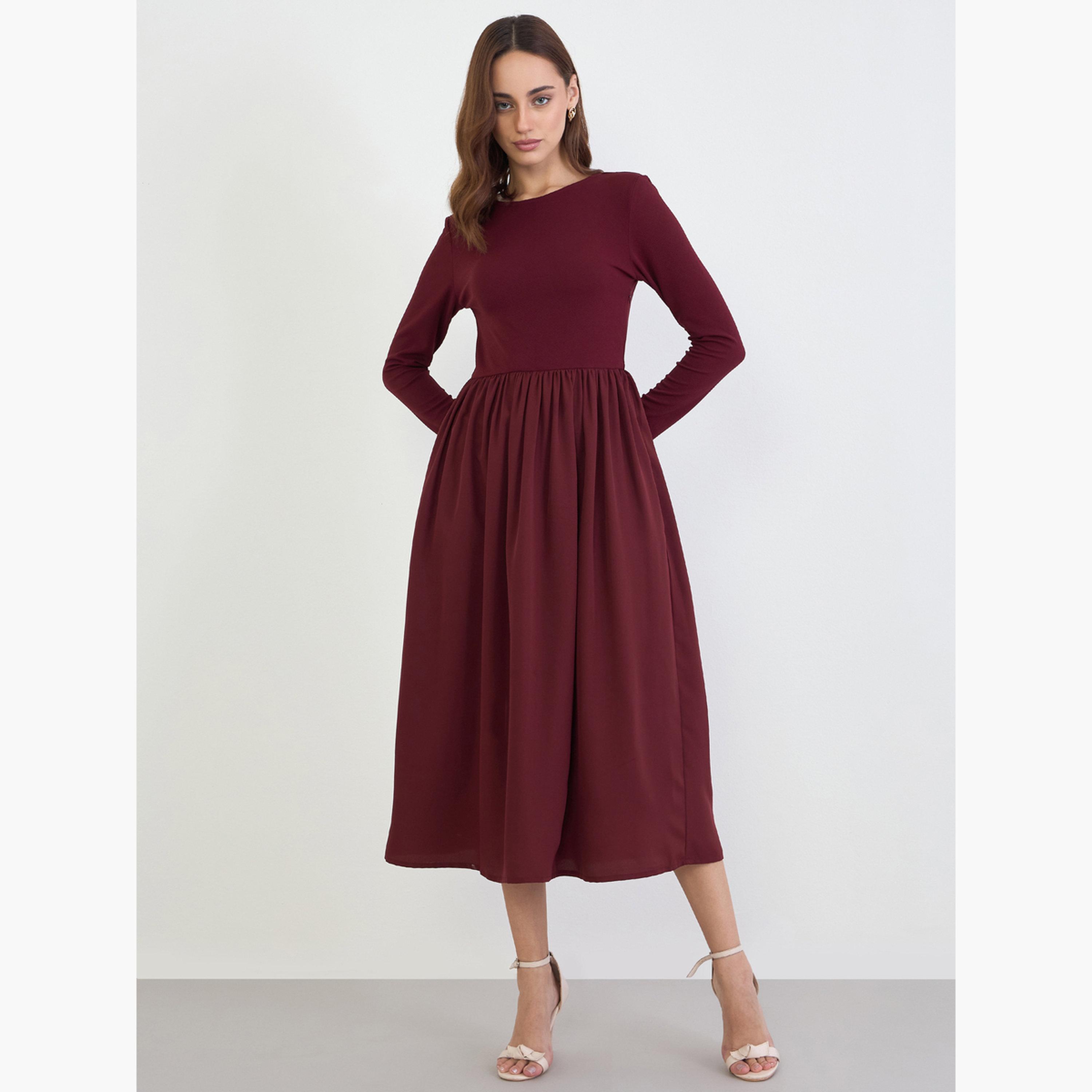 Styli Women Solid Long Sleeves A-Line Maxi Dress-women-clothing-dresses-image-3