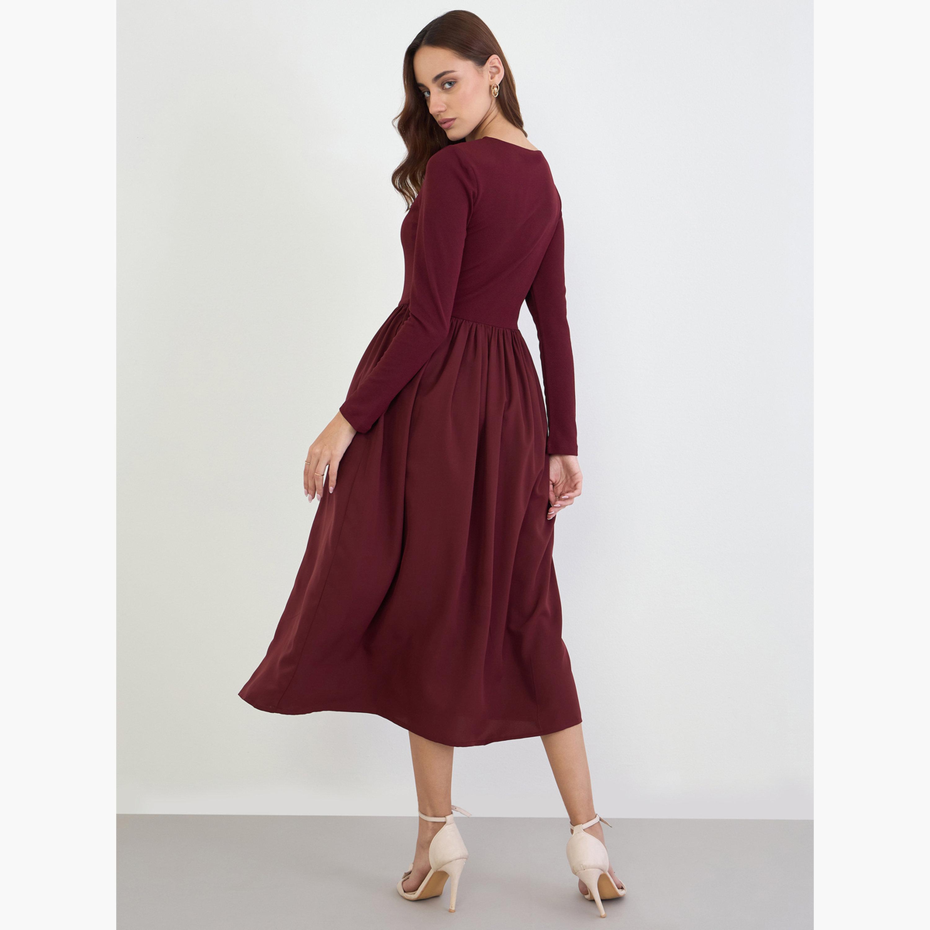Styli Women Solid Long Sleeves A-Line Maxi Dress-women-clothing-dresses-image-5
