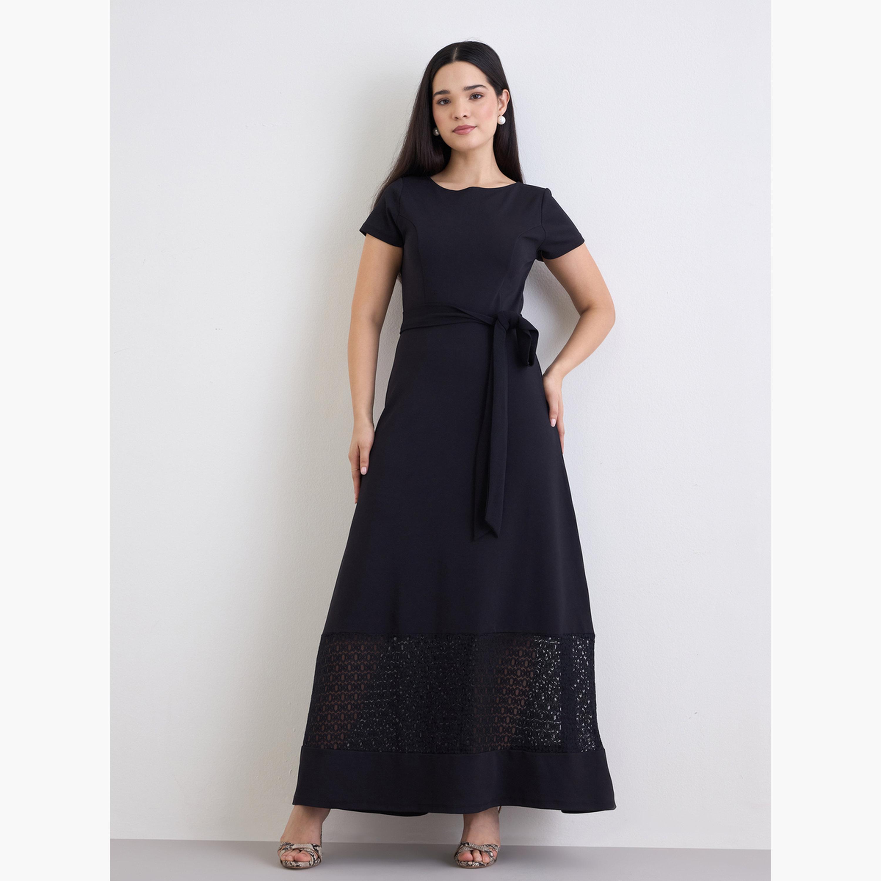 Styli Women Black A-Line Maxi Dress with Belt-women-clothing-dresses-image-1