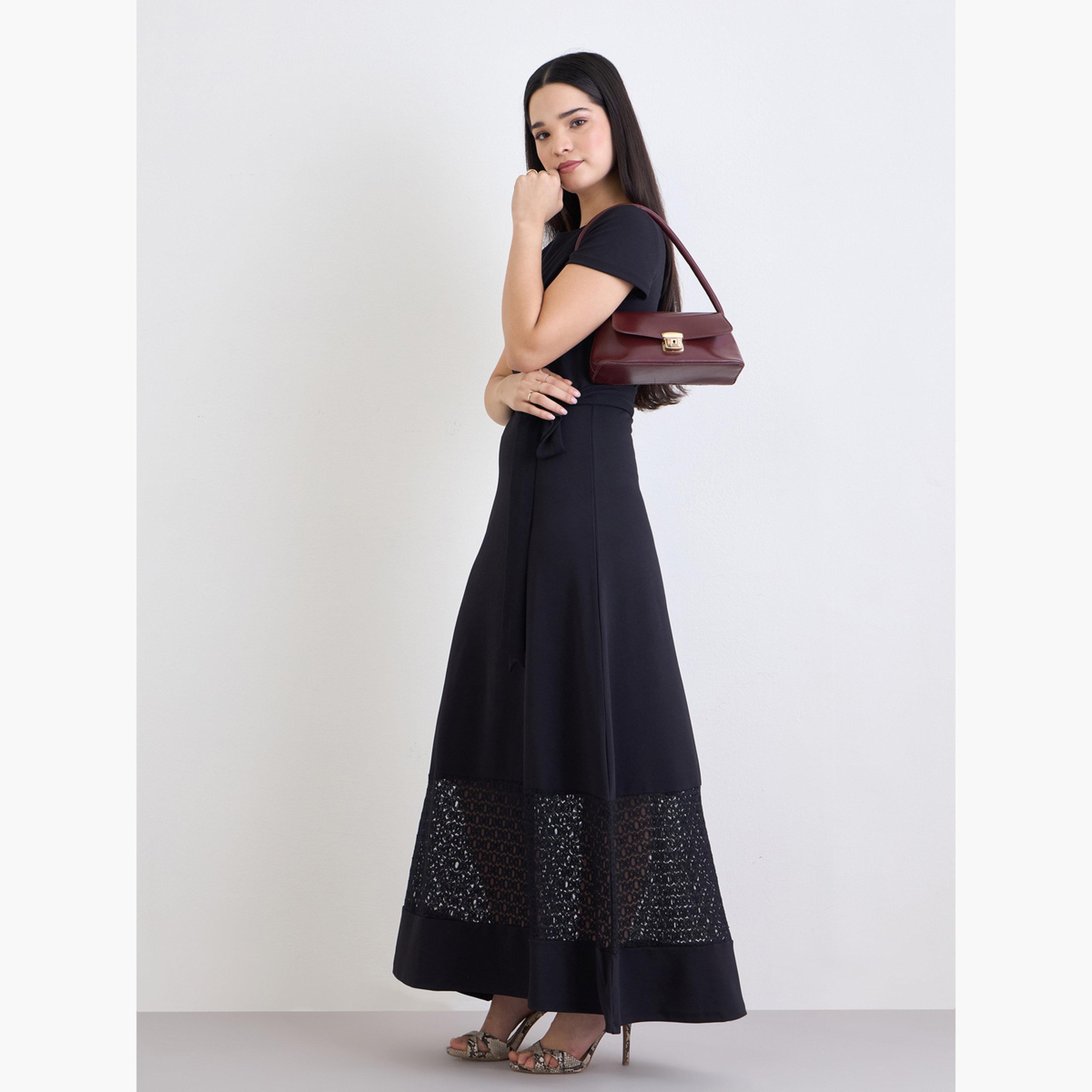 Styli Women Black A-Line Maxi Dress with Belt-women-clothing-dresses-image-2