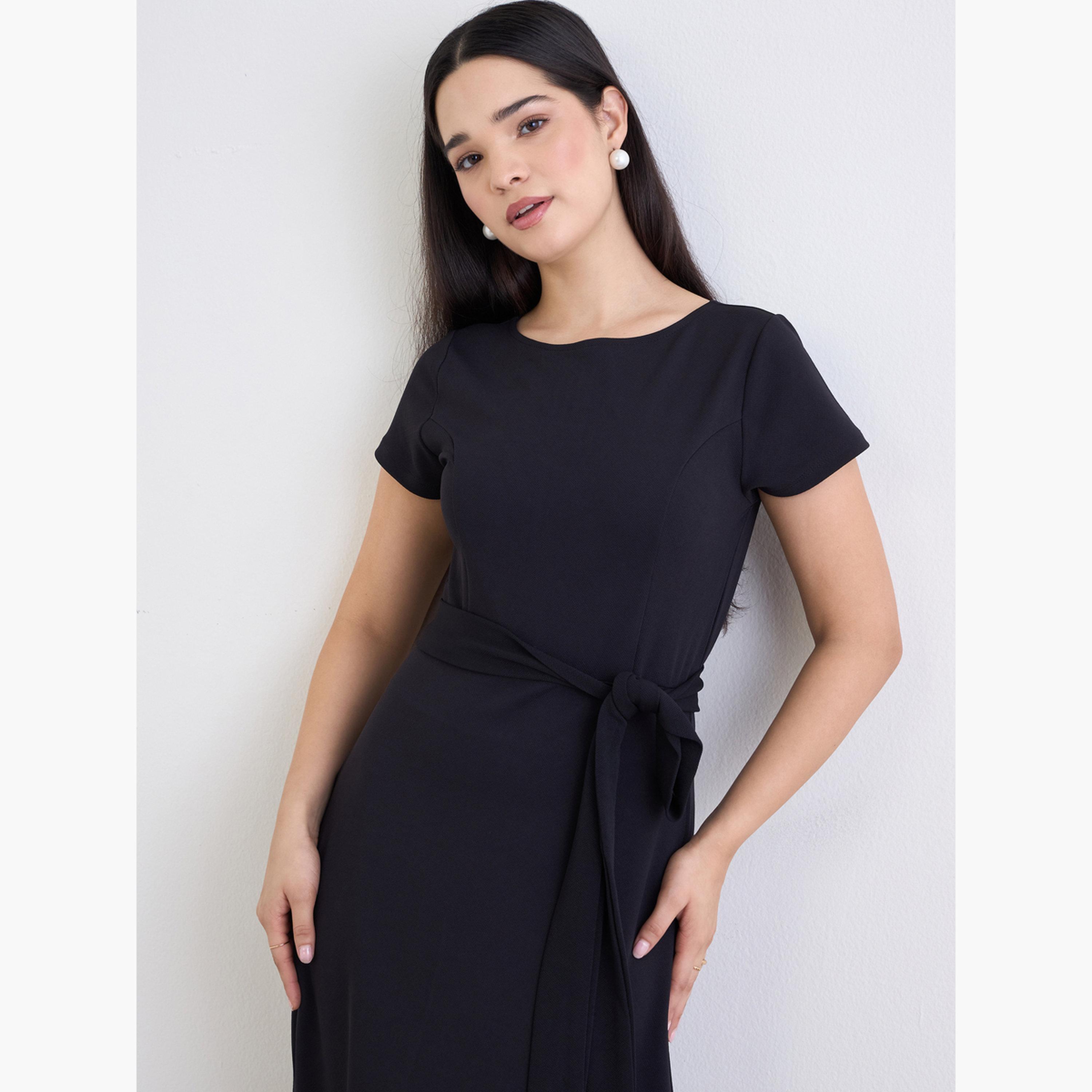 Styli Women Black A-Line Maxi Dress with Belt-women-clothing-dresses-image-3