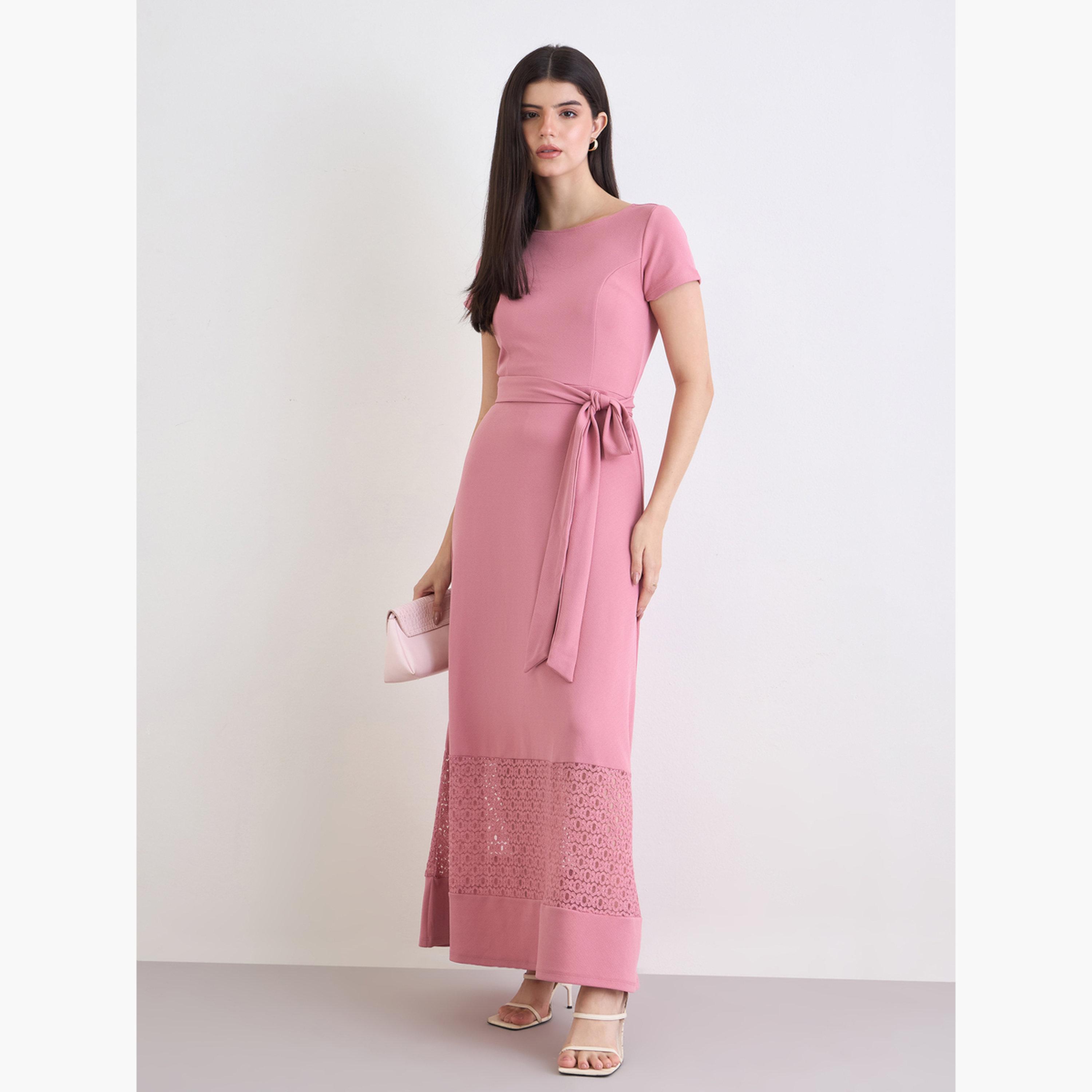 Styli Women Pink A-Line Maxi Dress with Belt-women-clothing-dresses-image-1