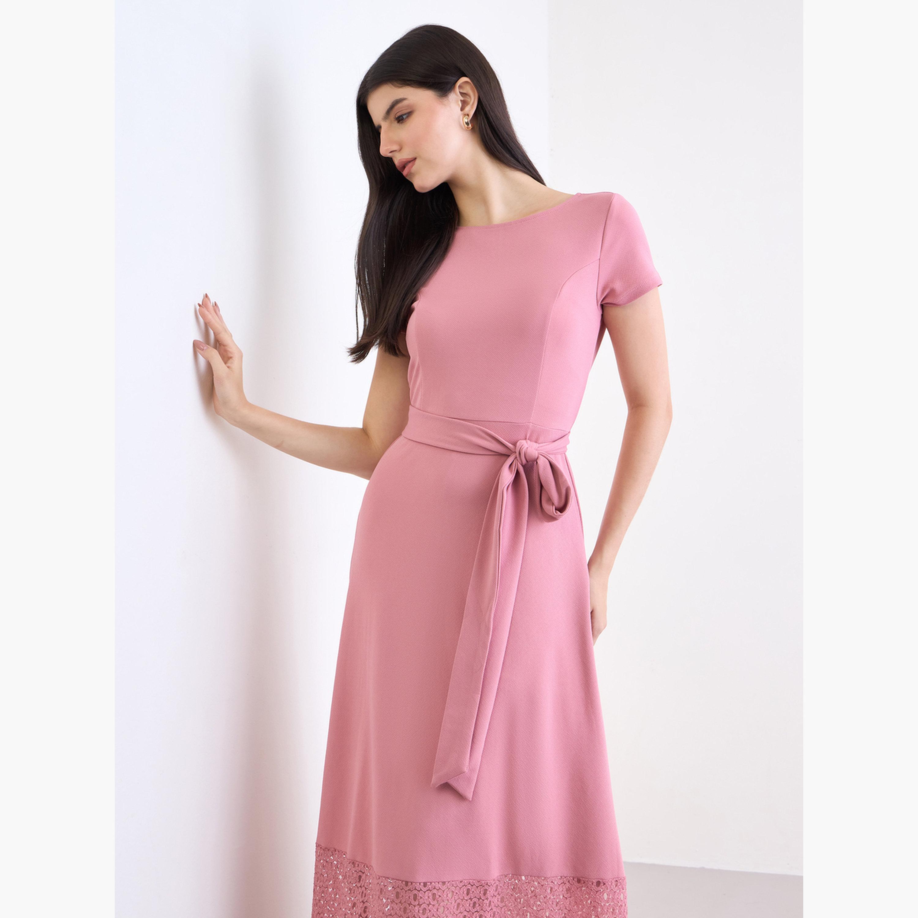 Styli Women Pink A-Line Maxi Dress with Belt-women-clothing-dresses-image-2