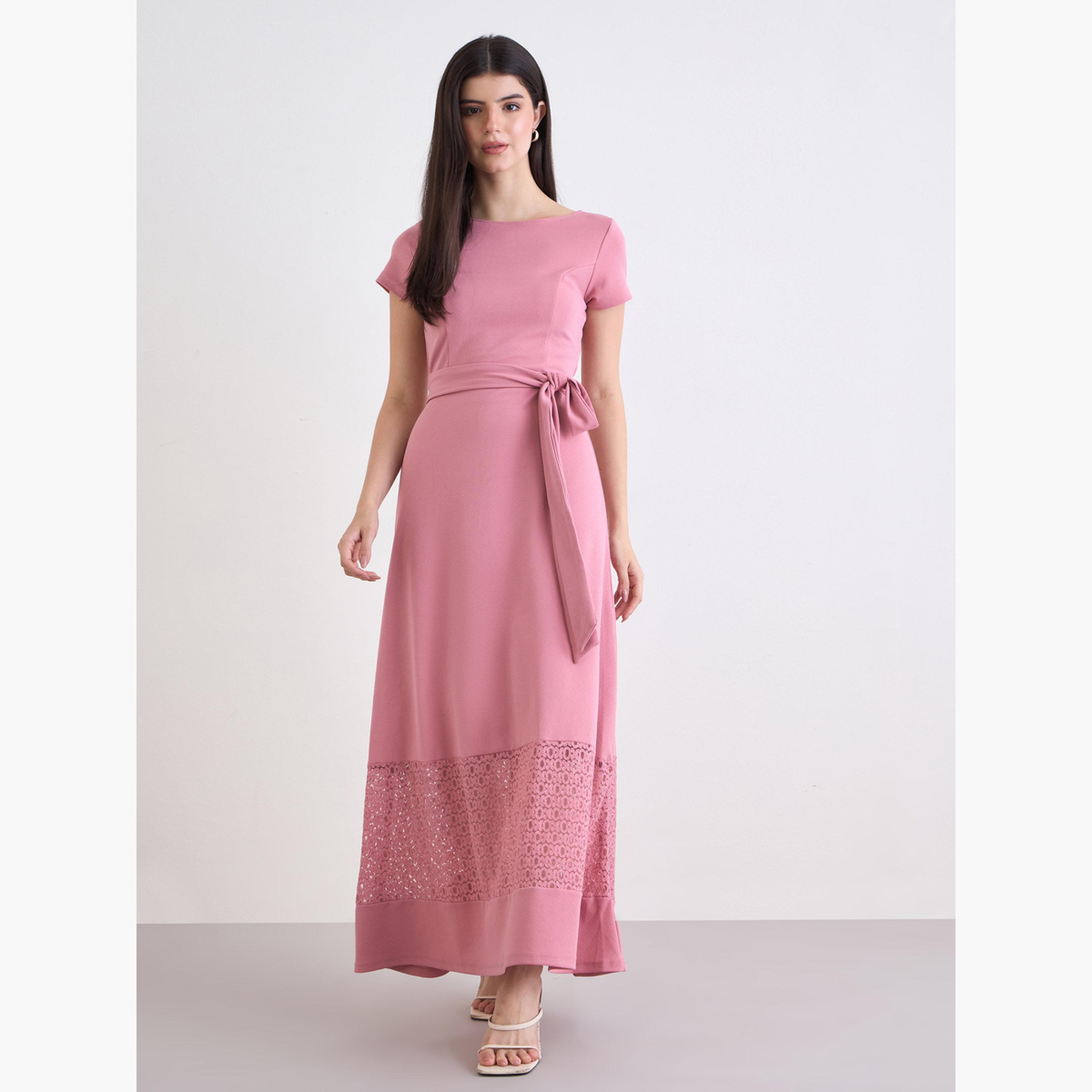 Styli Women Pink A-Line Maxi Dress with Belt-women-clothing-dresses-image-3