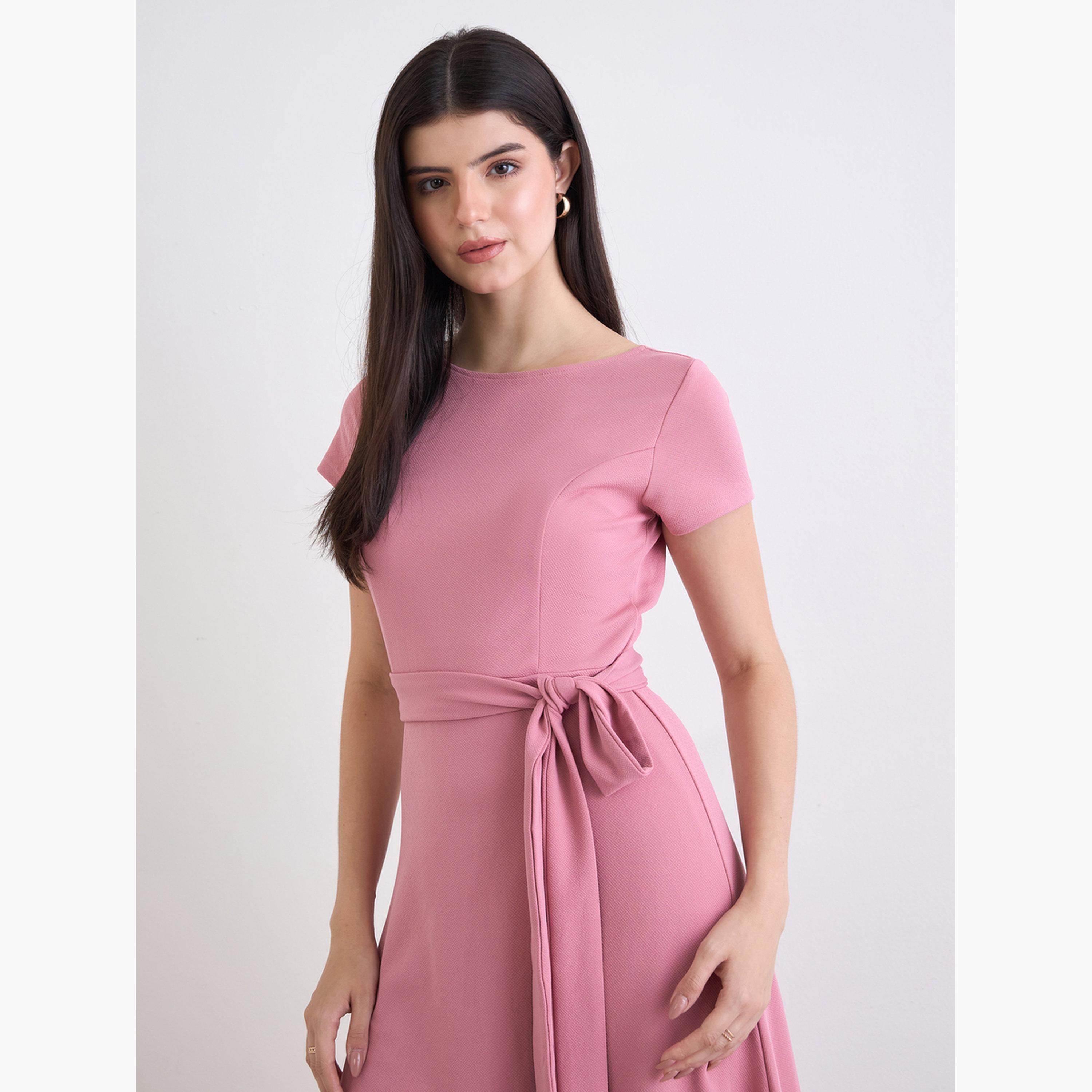 Styli Women Pink A-Line Maxi Dress with Belt-women-clothing-dresses-image-4
