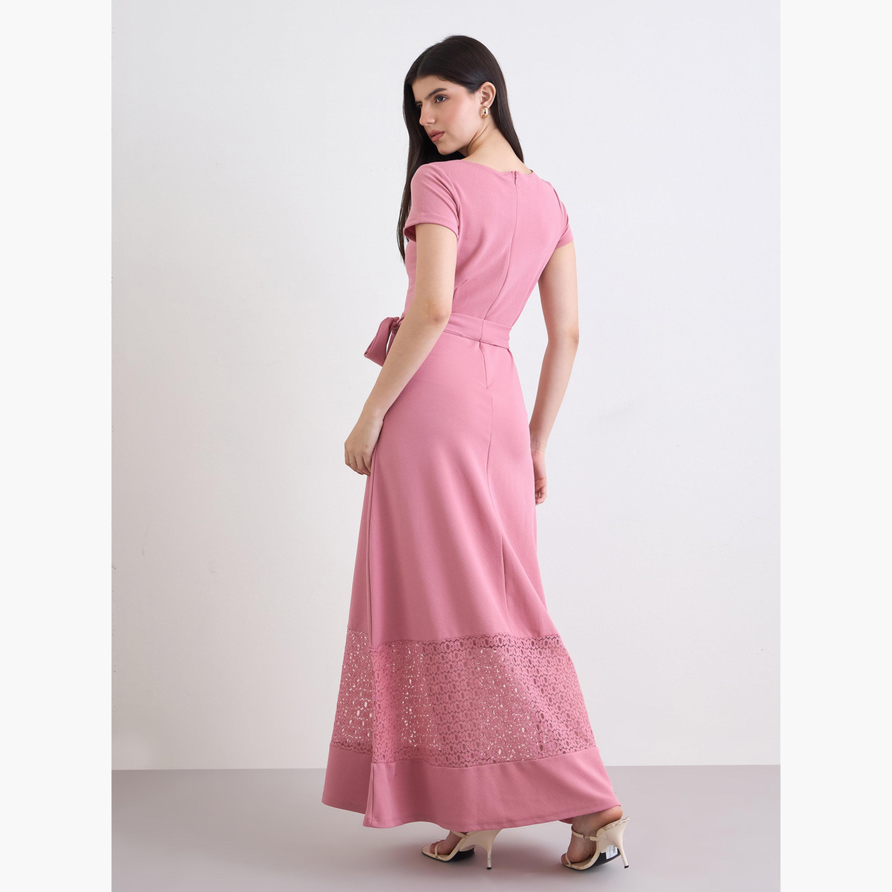 Styli Women Pink A-Line Maxi Dress with Belt-women-clothing-dresses-image-5