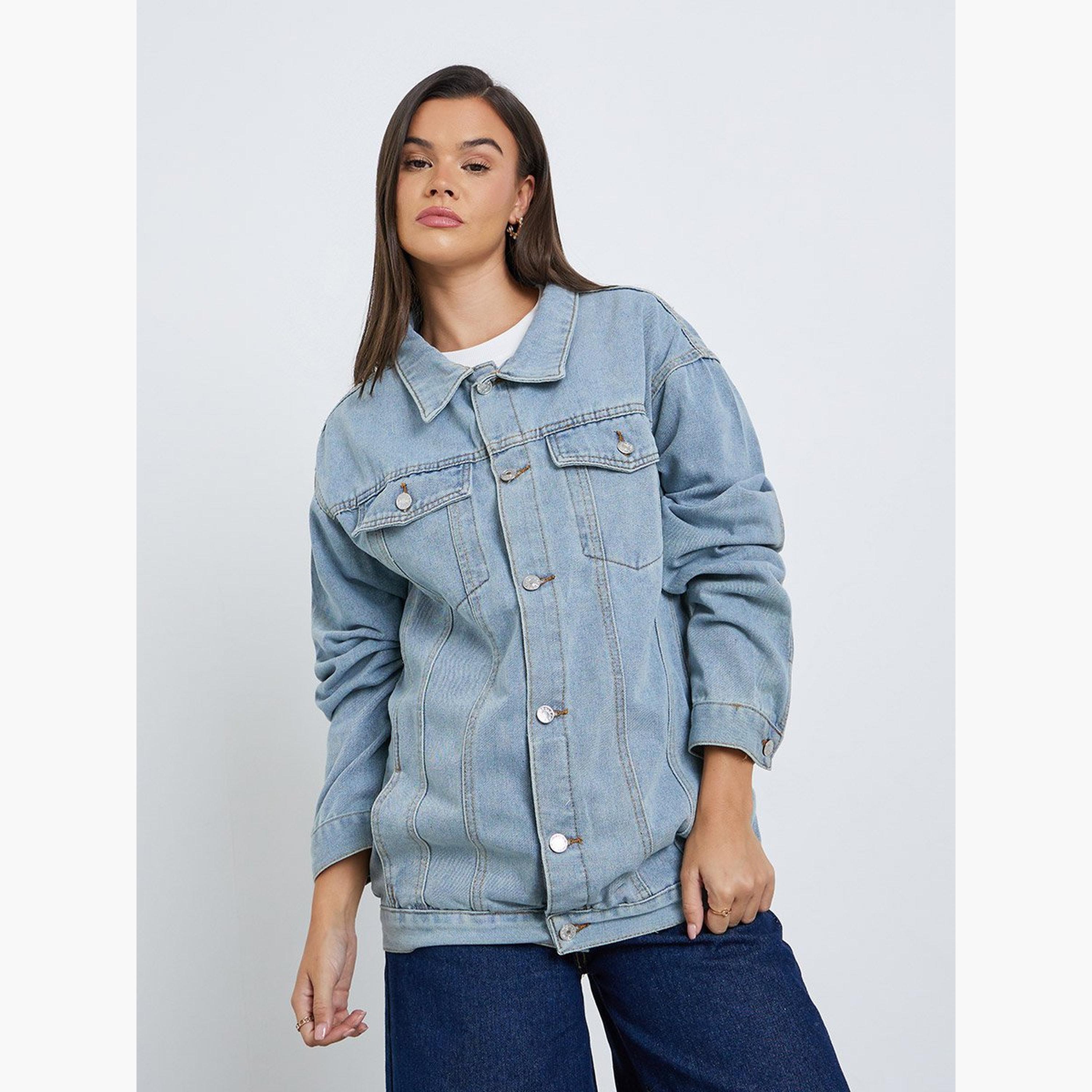 Styli Women Blue Panelled Oversized Denim Jacket-women-winterwear-coatsandjackets-jackets-image-1