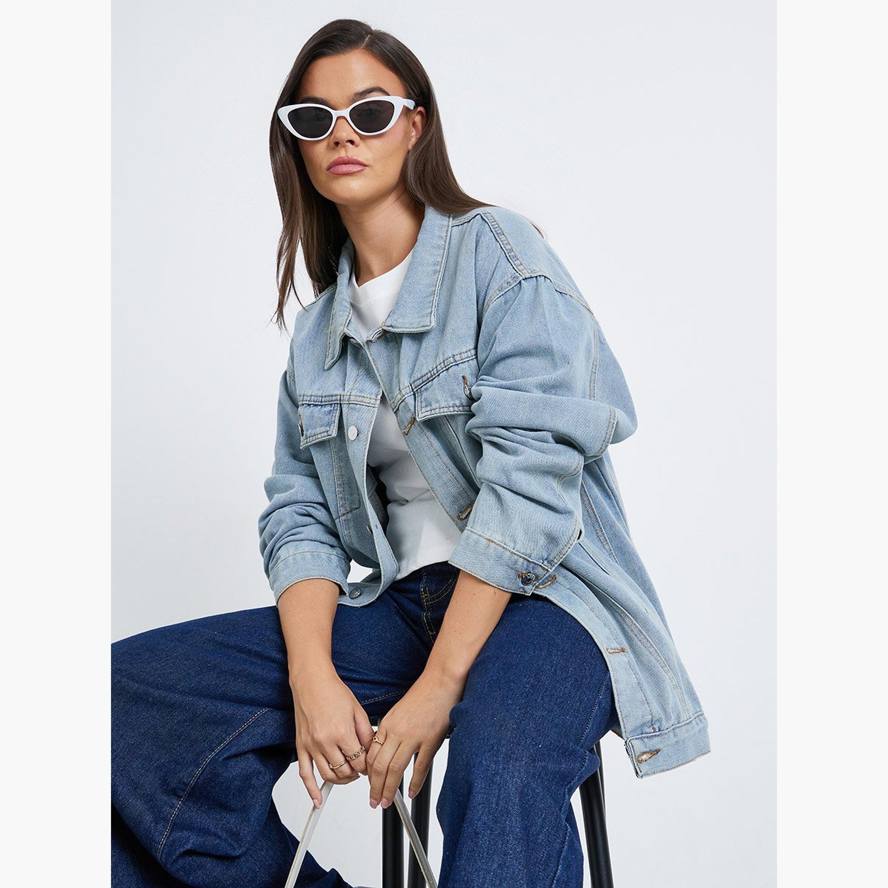 Styli Women Blue Panelled Oversized Denim Jacket-women-winterwear-coatsandjackets-jackets-image-3