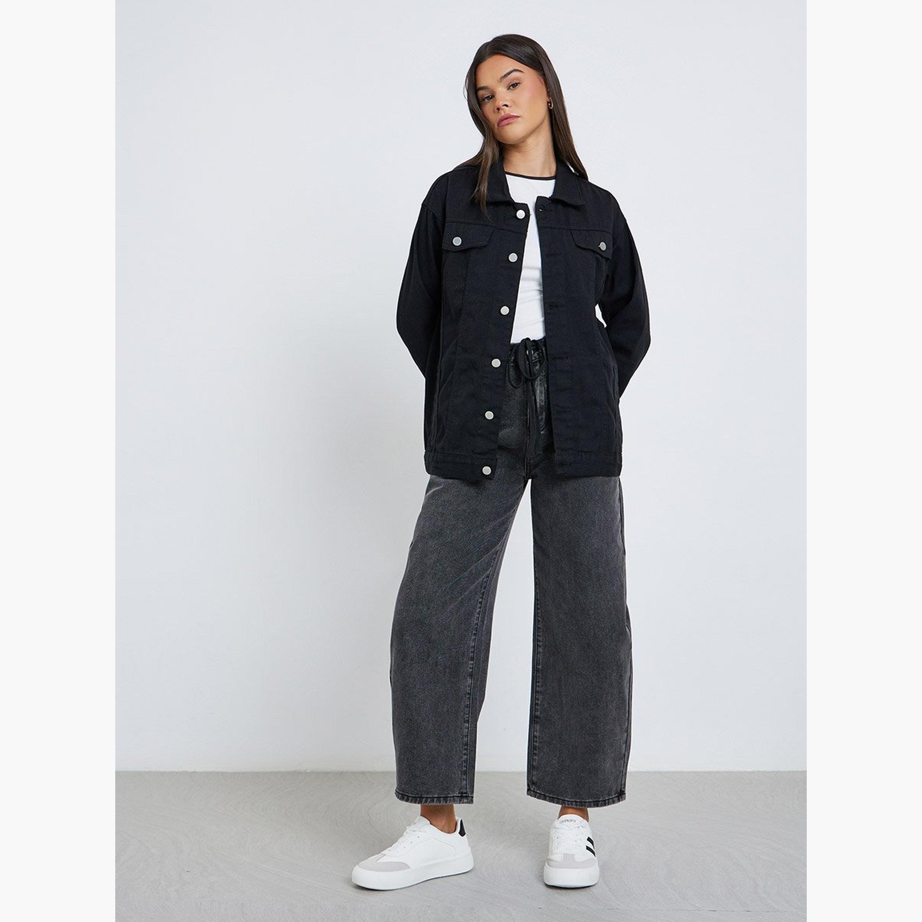 Styli Women Black Oversized Denim Jacket-women-winterwear-coatsandjackets-jackets-image-2