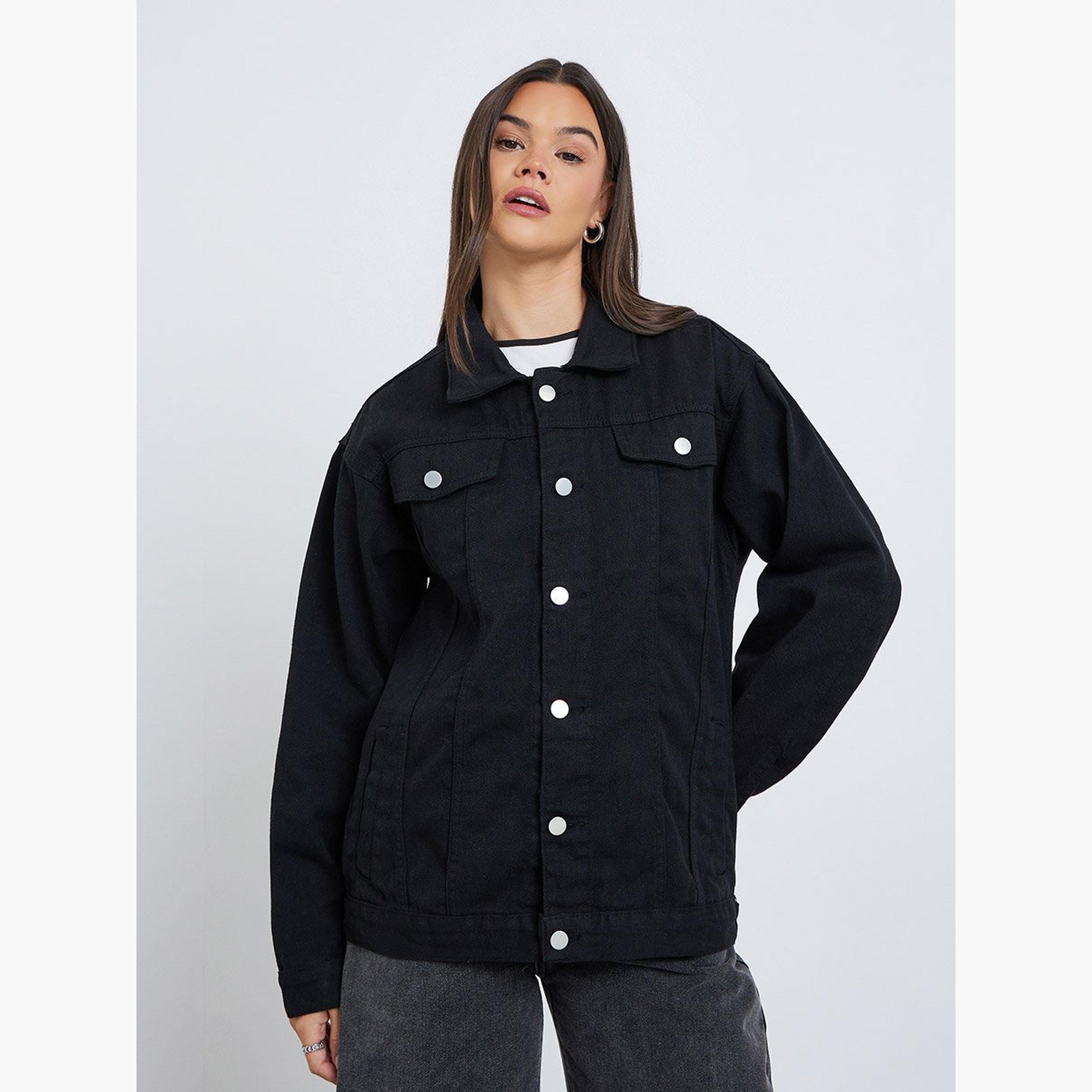 Styli Women Black Oversized Denim Jacket-women-winterwear-coatsandjackets-jackets-image-3