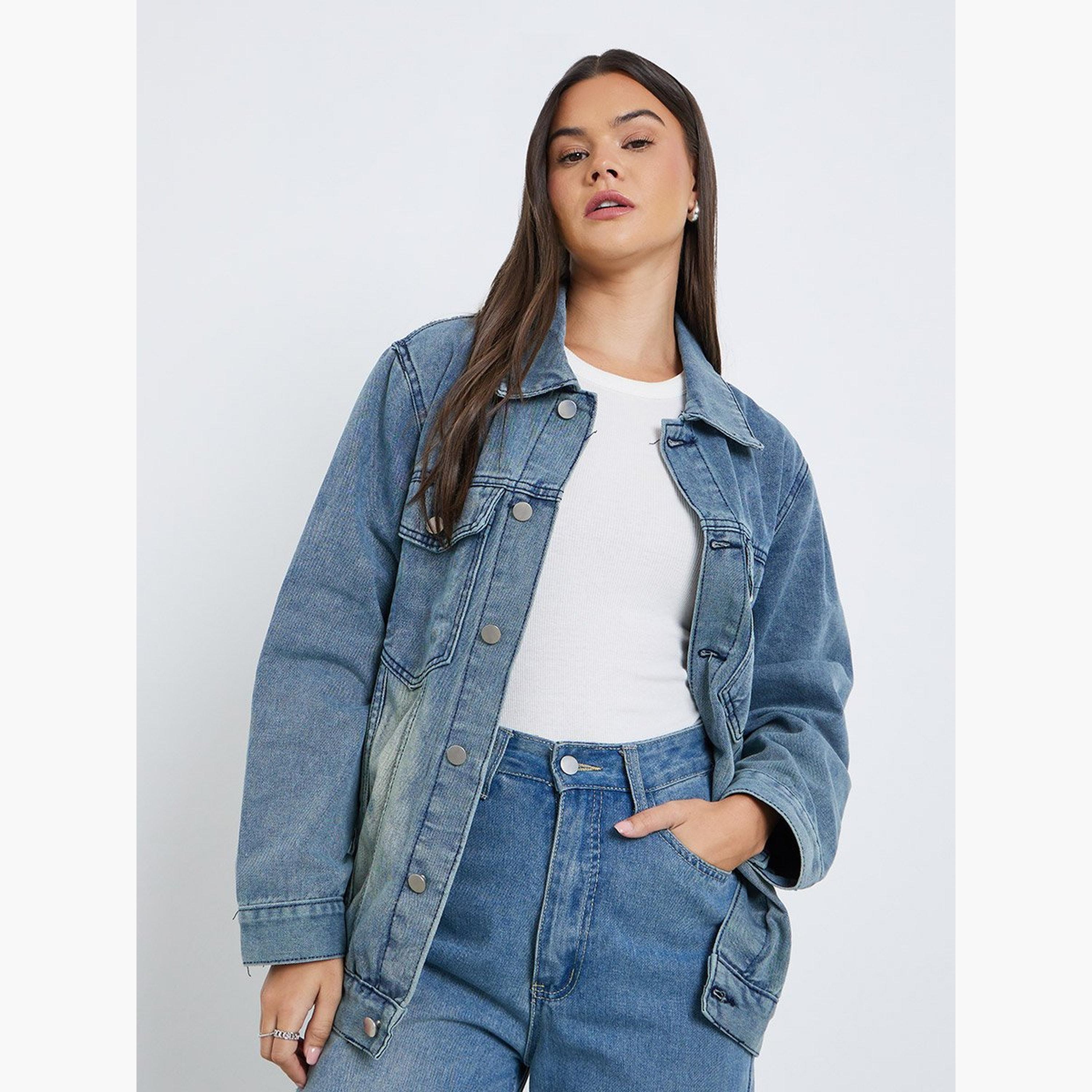 Styli Women Blue Faded Oversized Denim Jacket-women-winterwear-coatsandjackets-jackets-image-1