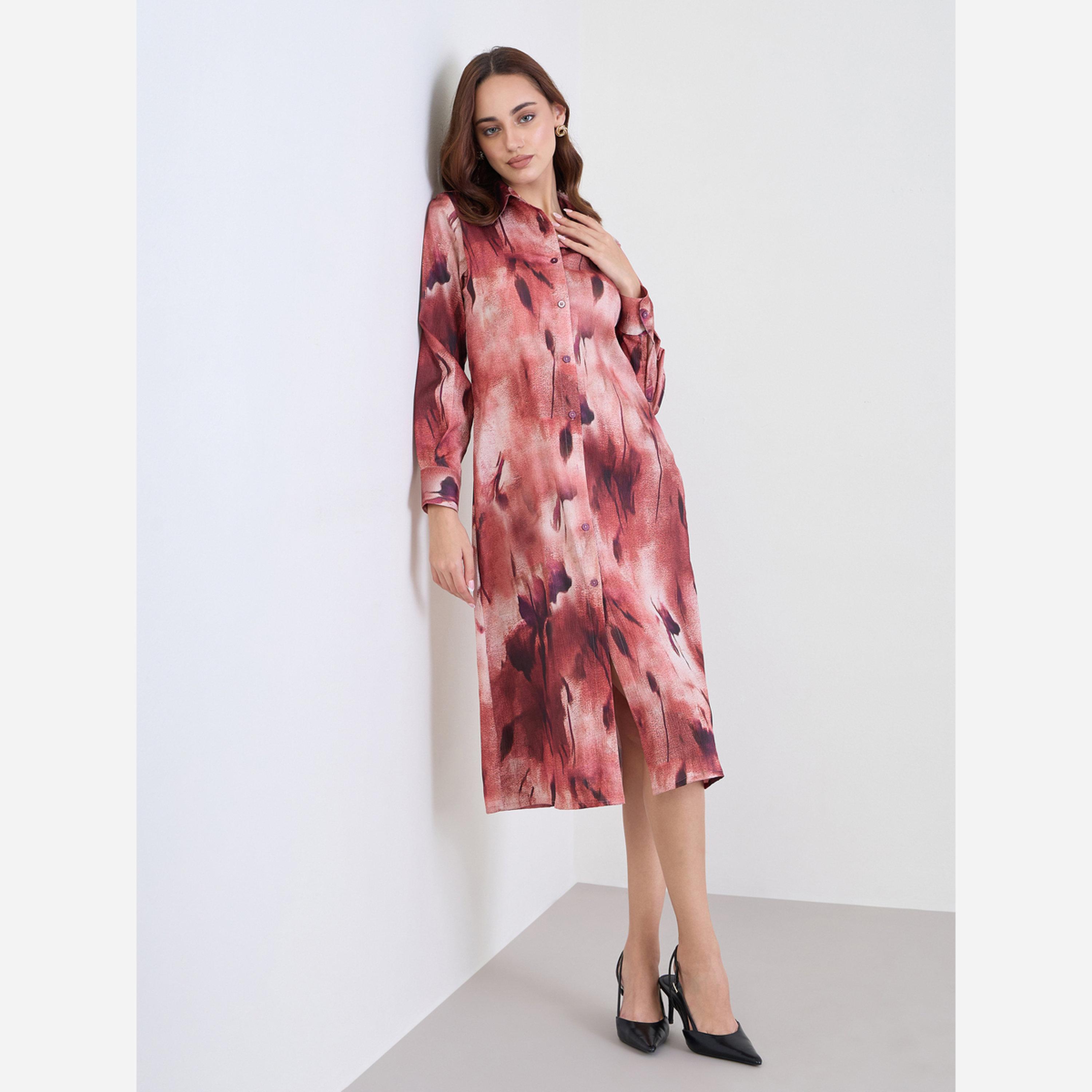 ستايلي - فستان قميص متوسط الطول بأزرار وطبعة عصرية-women-clothing-dresses-image-1