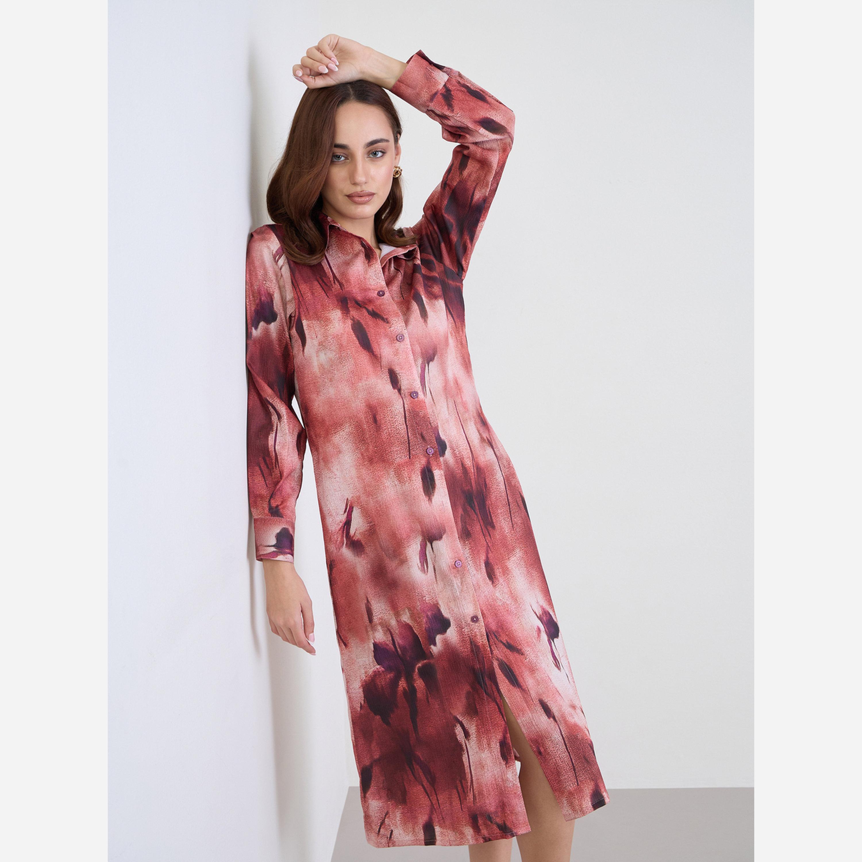 ستايلي - فستان قميص متوسط الطول بأزرار وطبعة عصرية-women-clothing-dresses-image-2