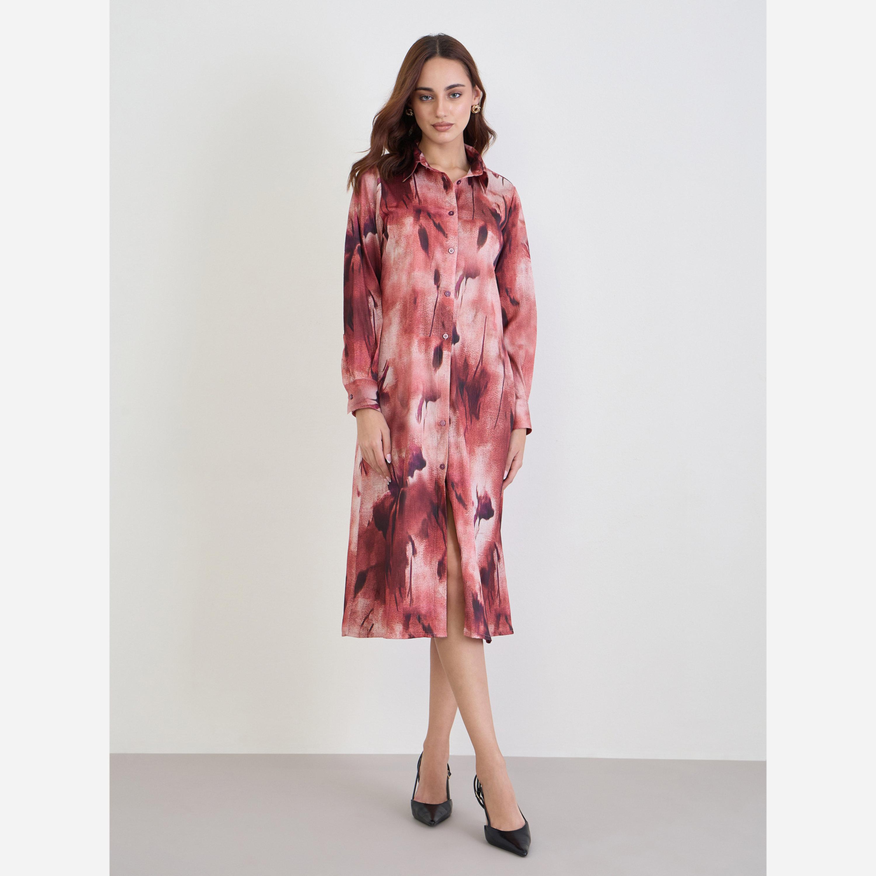 ستايلي - فستان قميص متوسط الطول بأزرار وطبعة عصرية-women-clothing-dresses-image-4