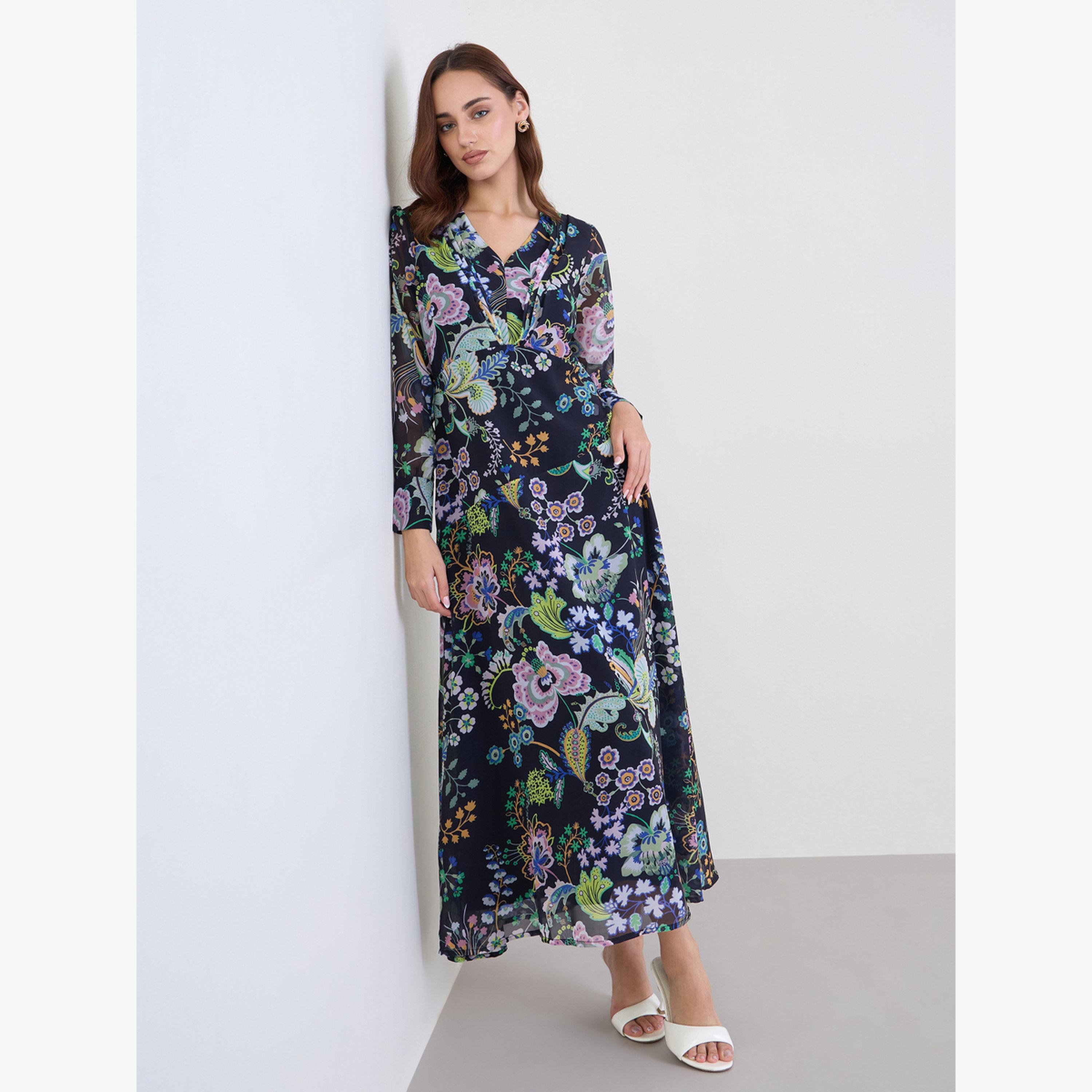 فستان طويل مطبع بزهور ومزين بكسرات مطوية-women-clothing-dresses-image-2